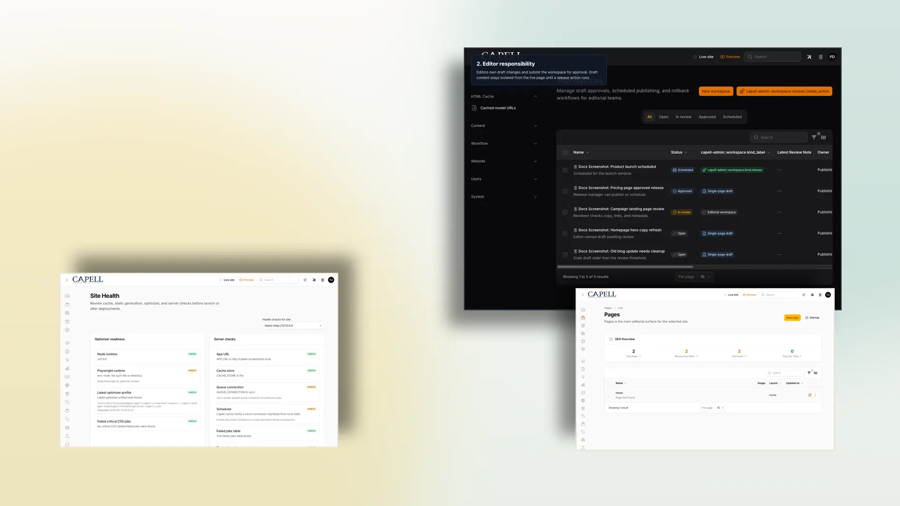 Capell large-team content operations artwork composed from real workflow, site health, and content index screenshots.