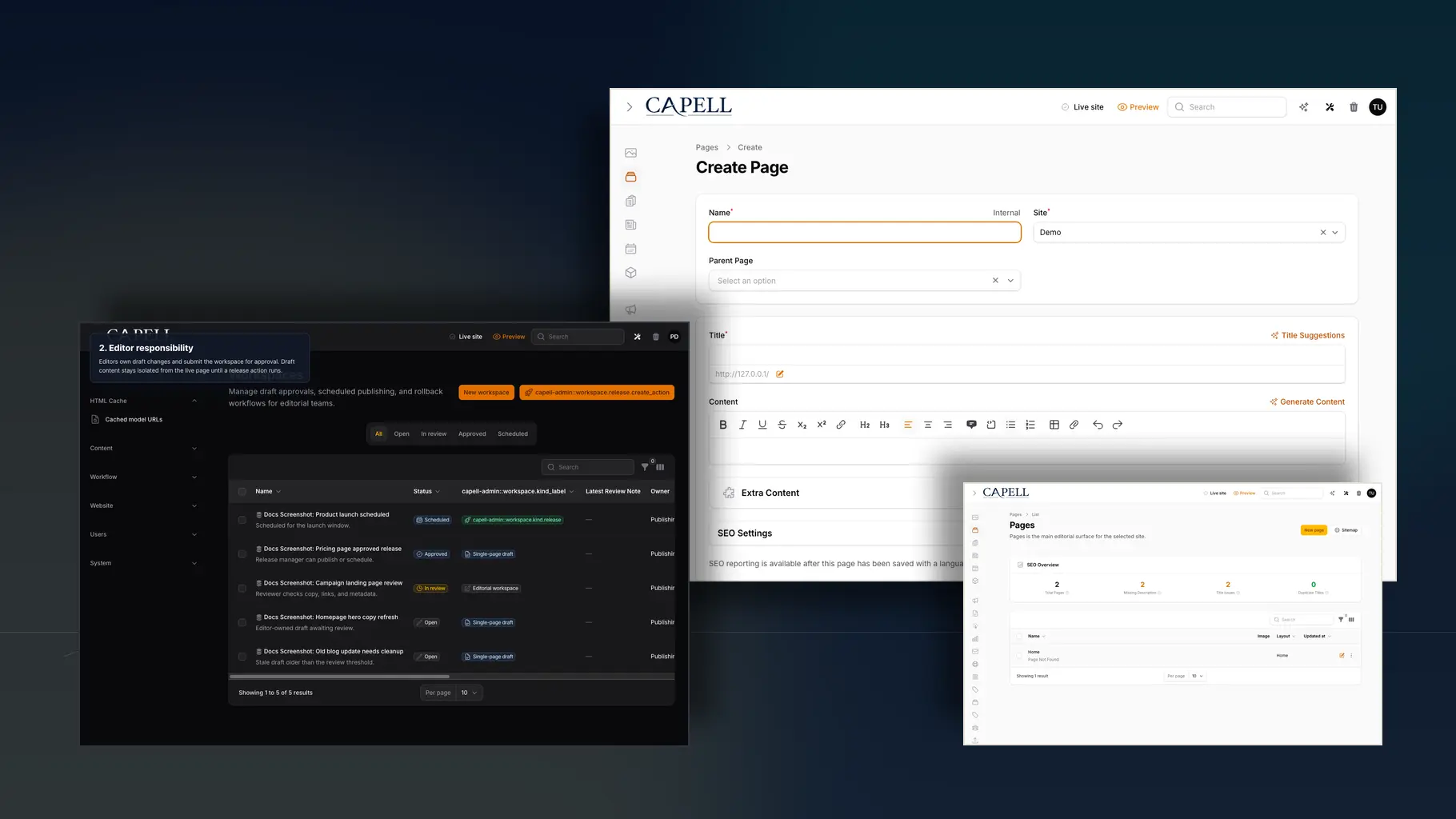 Capell hero artwork composed from real Capell admin screenshots showing page creation, editorial workflow, and content index surfaces.