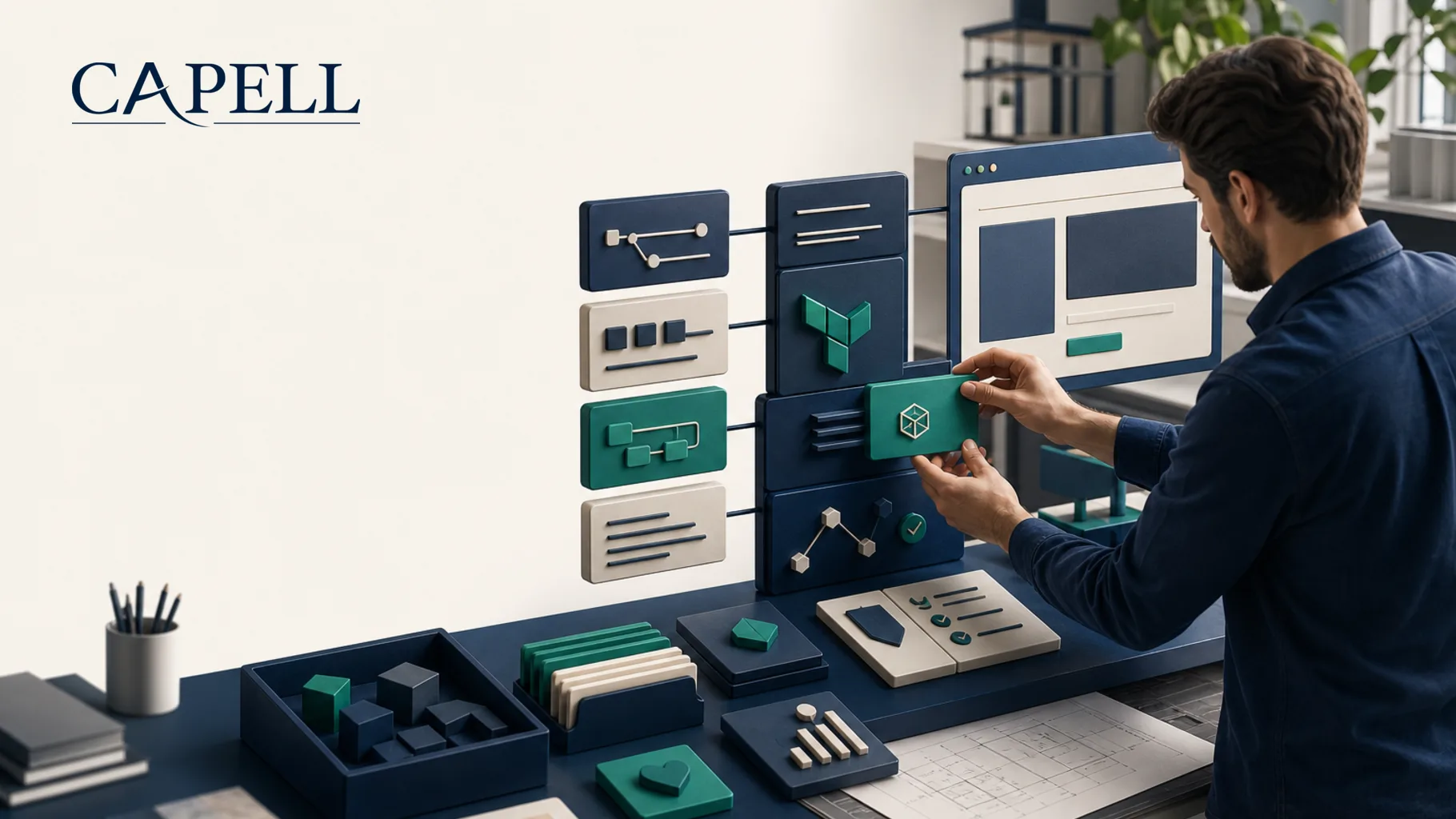 A developer assembling Capell content, routes, packages, tests, and frontend delivery at a precise workbench.