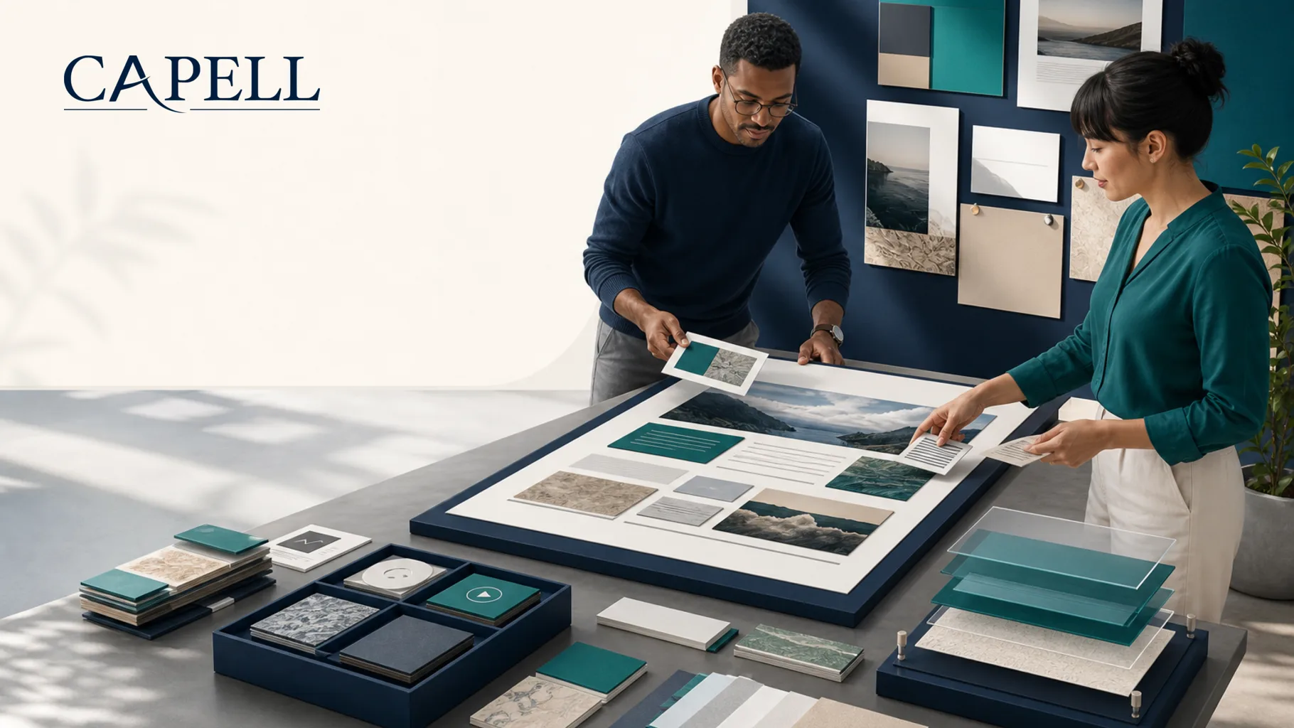 An editorial team composing structured page sections, media, and revision layers in a Capell workflow.