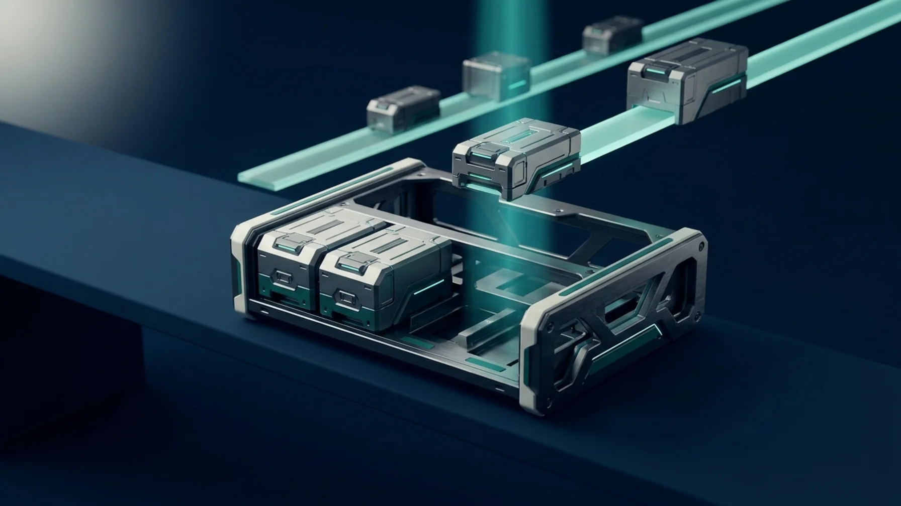 Isometric still life of capability-package modules travelling down guide rails and docking into an open application chassis.