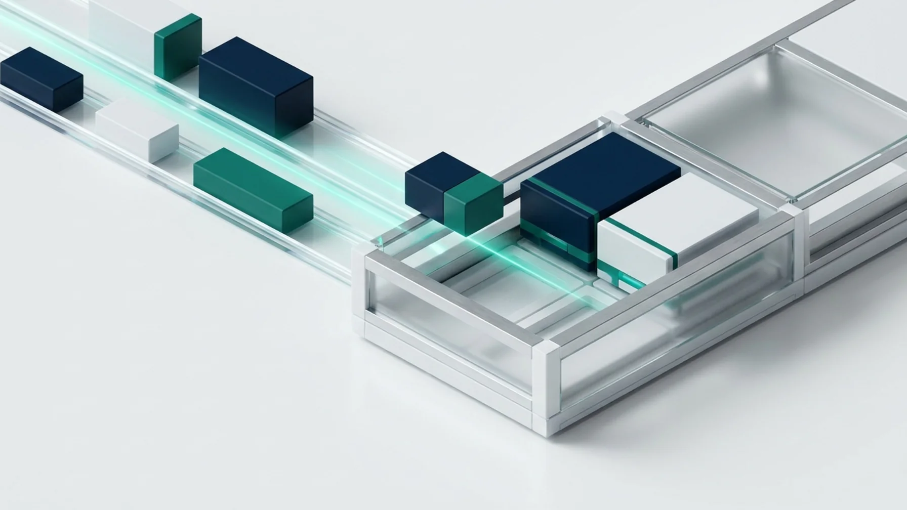 Isometric still life of capability-package modules travelling down guide rails and docking into an open application chassis.