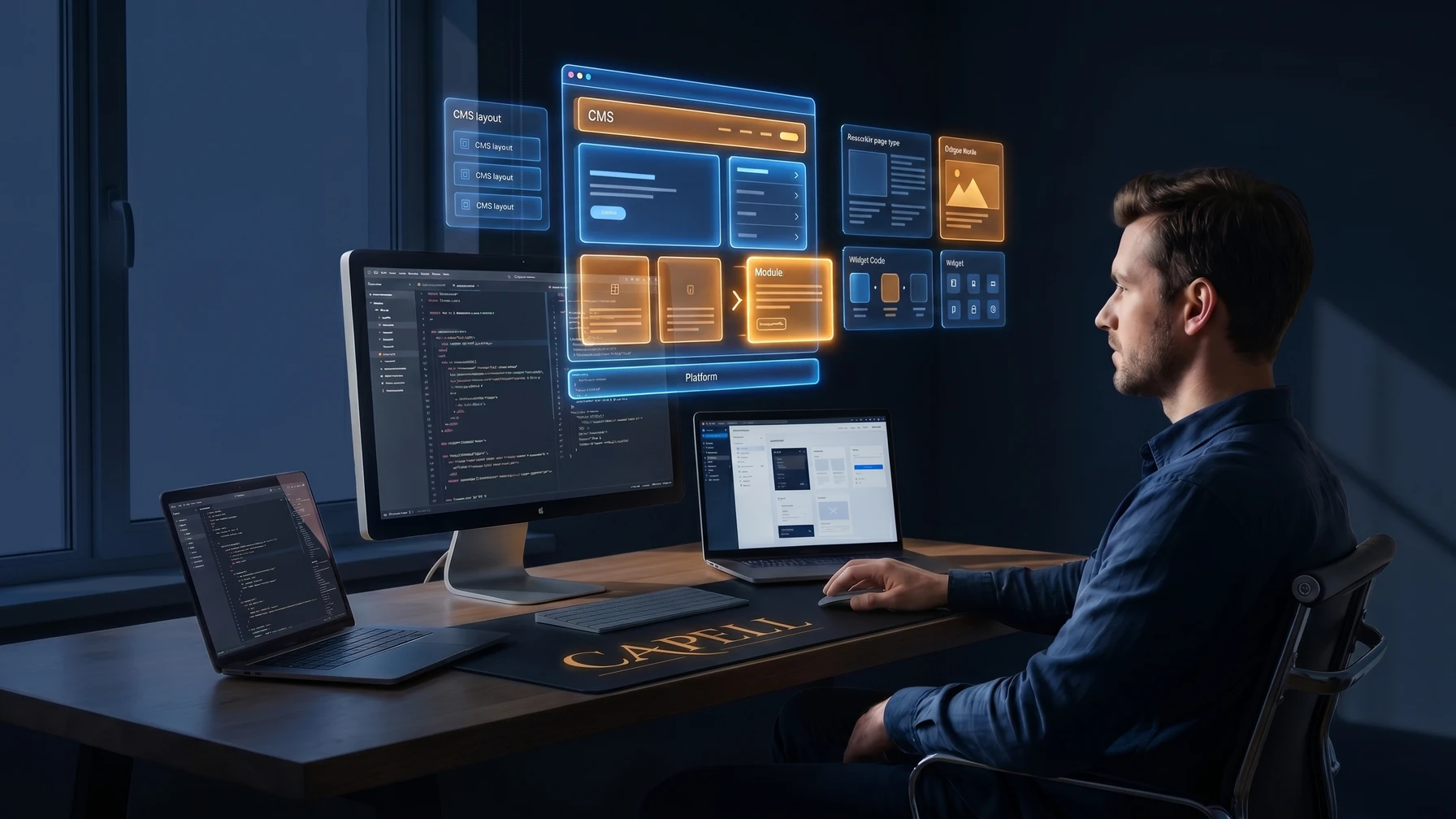 Hyperreal editorial illustration: A package author at a desk.