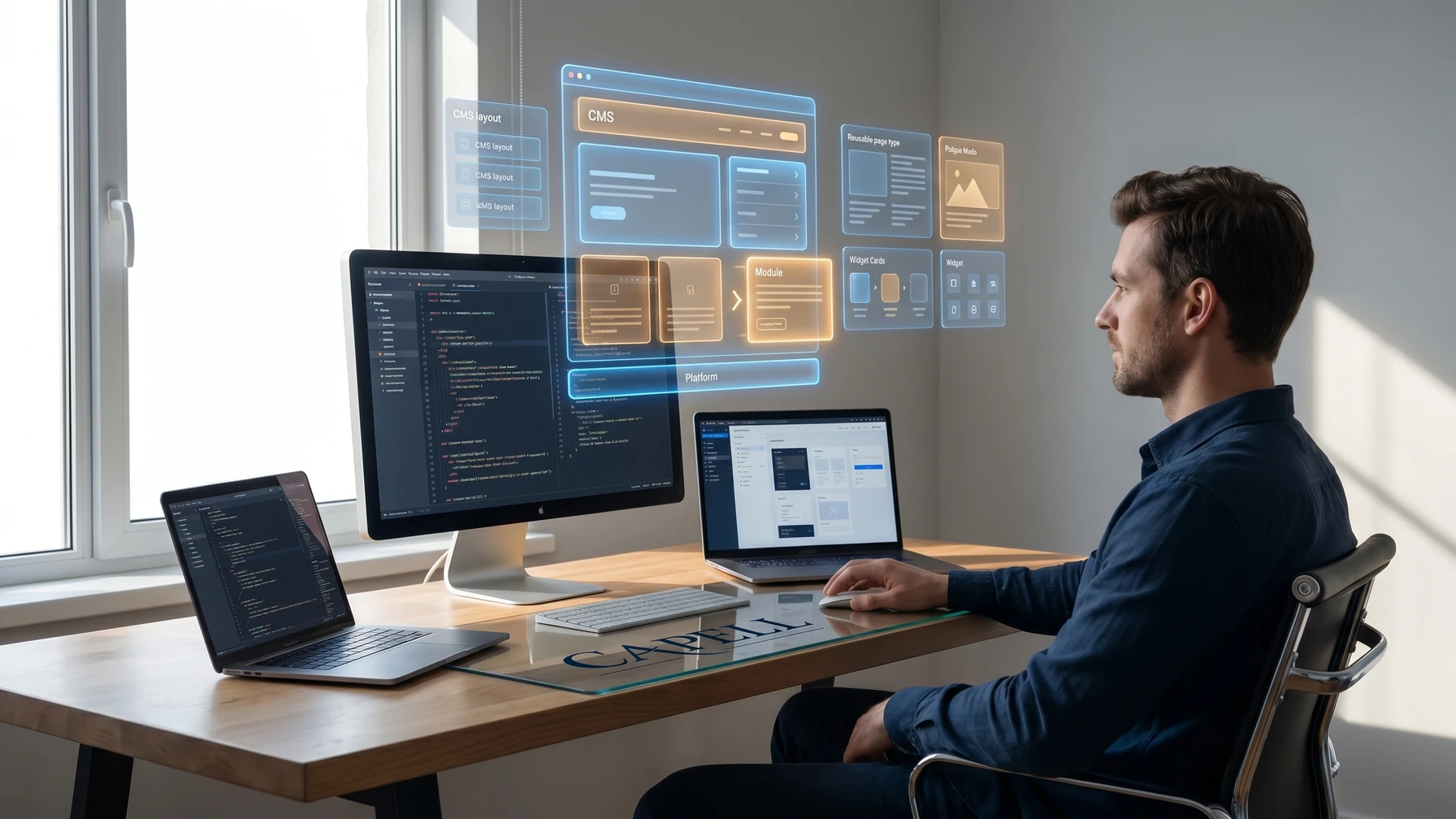 Hyperreal editorial illustration: A package author at a desk.