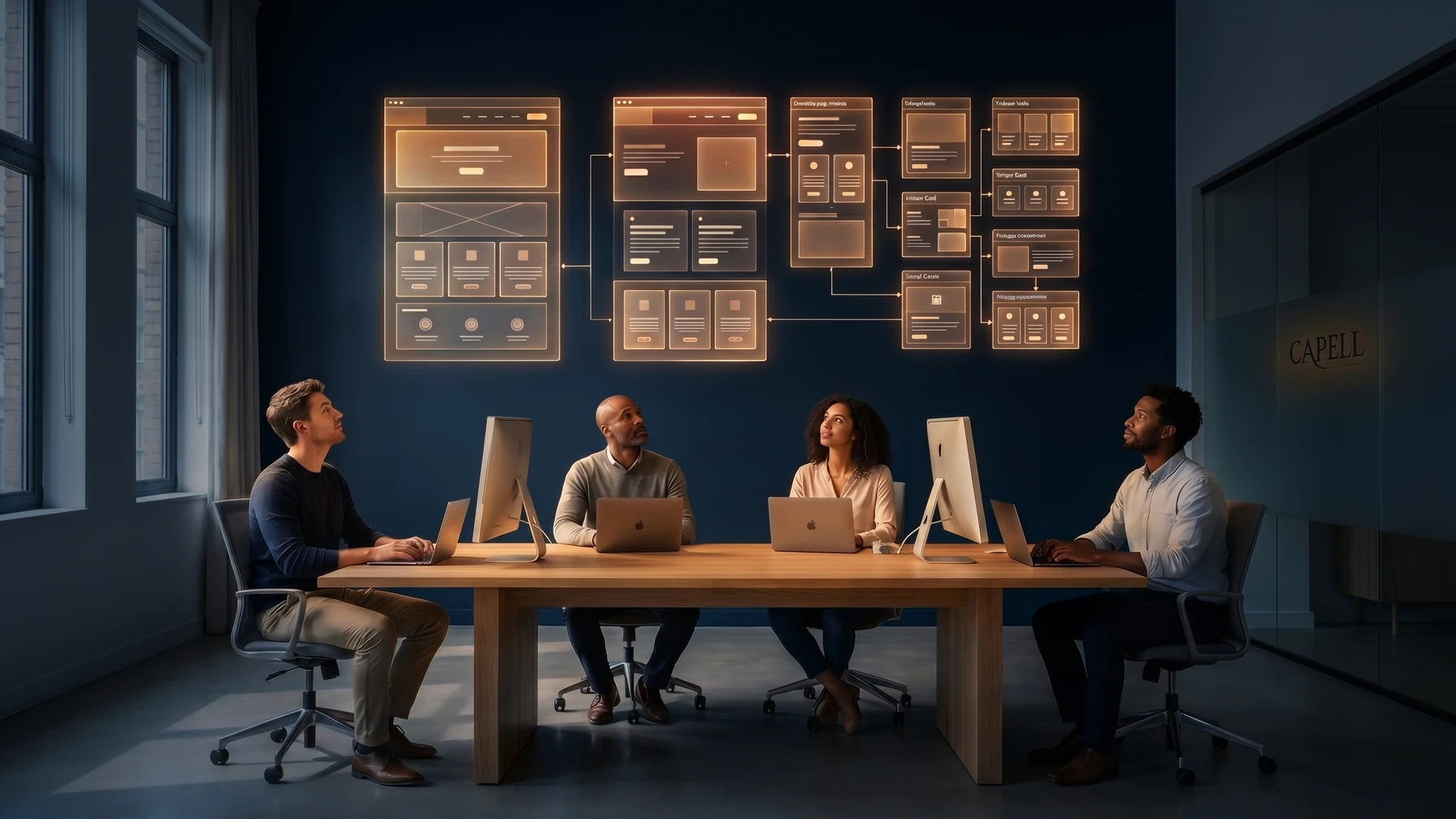 Hyperreal editorial illustration: A team reading a wall.