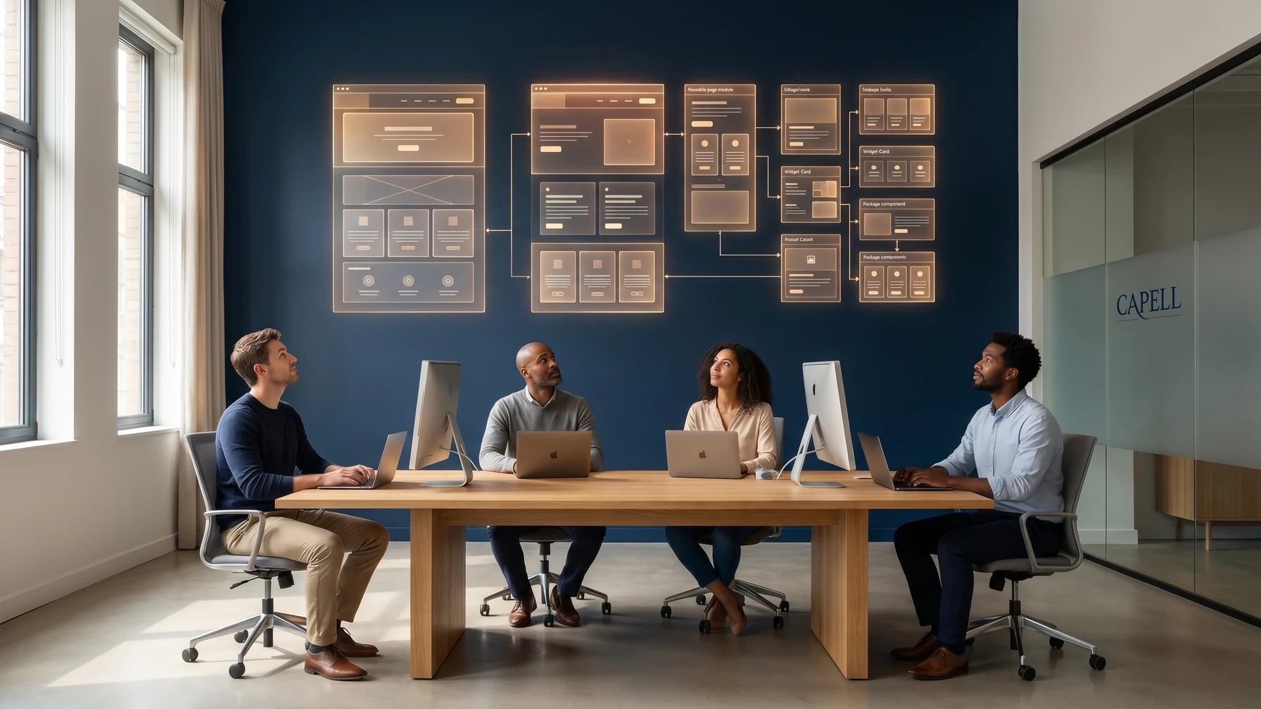 Hyperreal editorial illustration: A team reading a wall.
