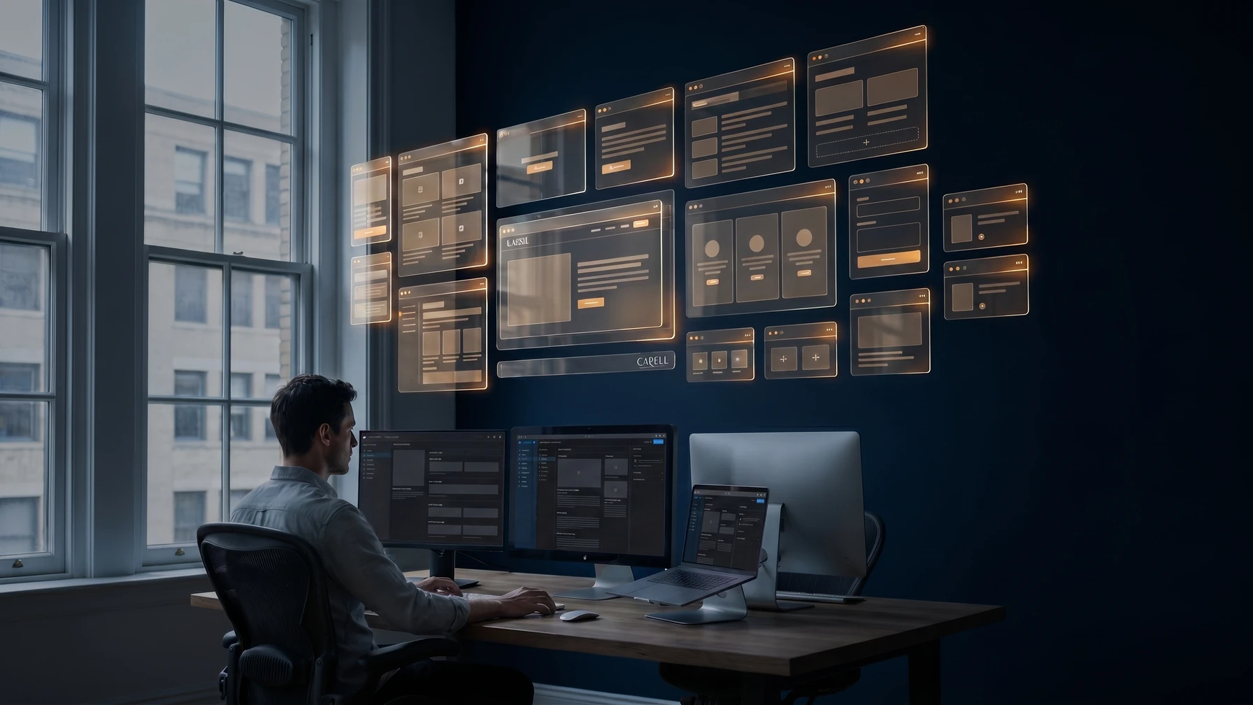 Hyperreal editorial illustration: An editor organising structured content.