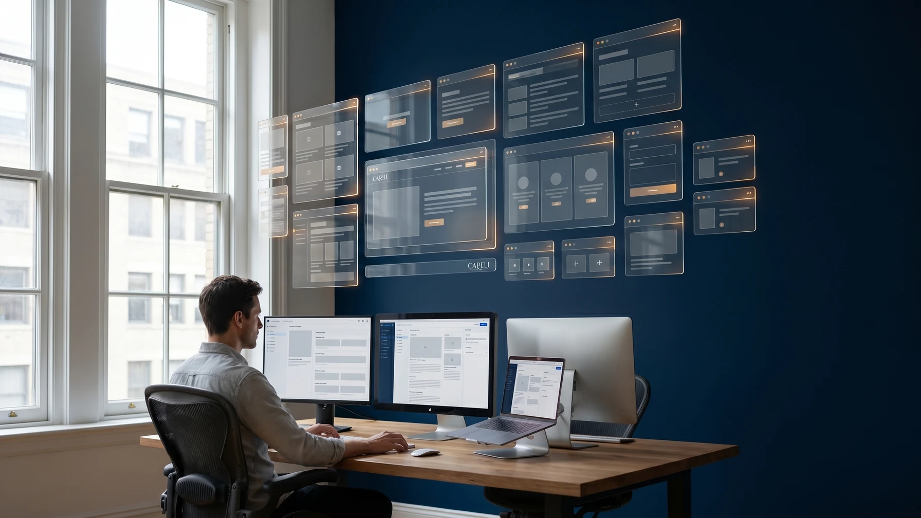 Hyperreal editorial illustration: An editor organising structured content.