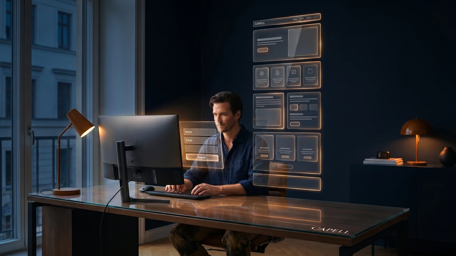 Hyperreal editorial illustration: A builder wiring a form on screen.