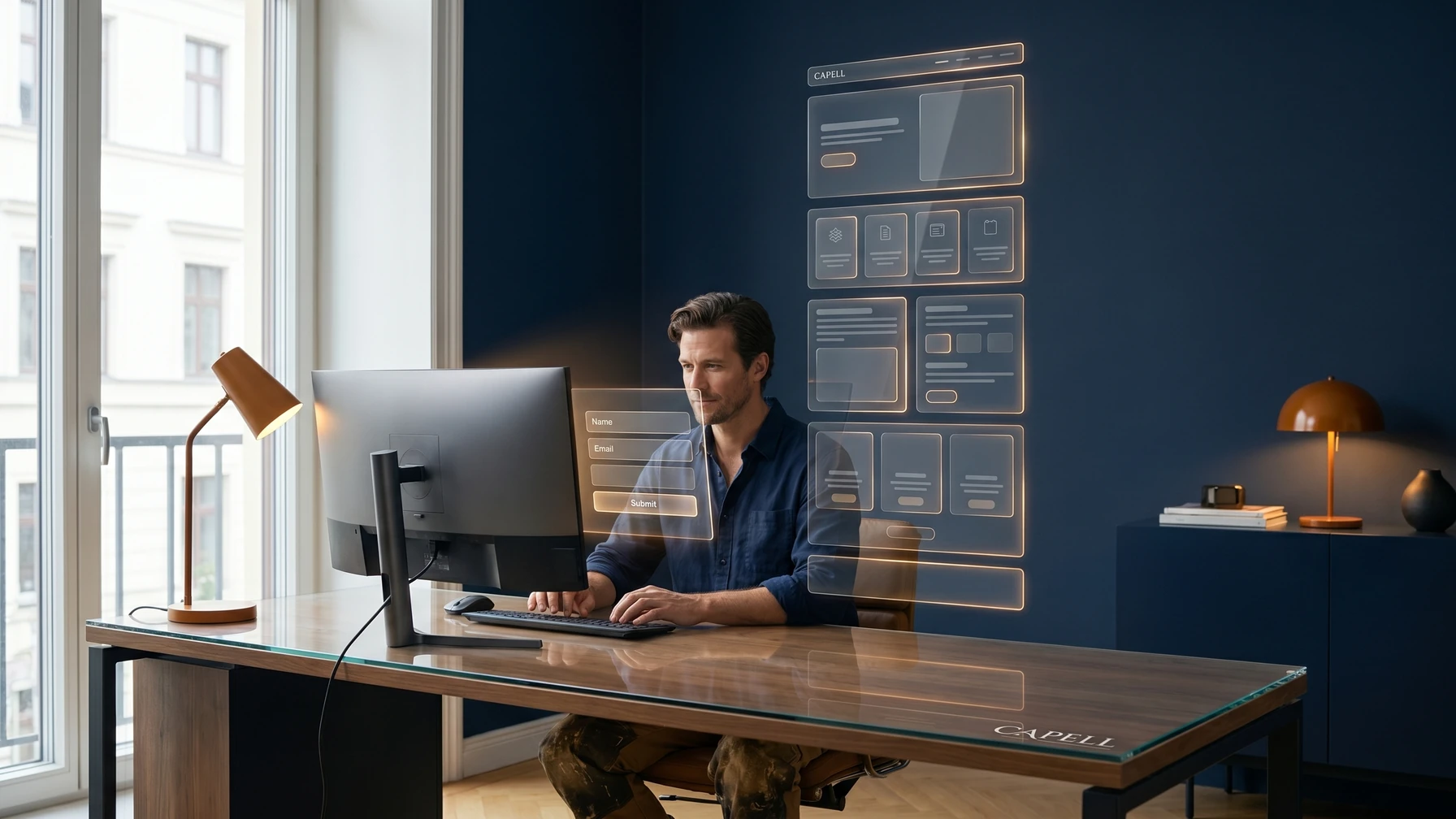 Hyperreal editorial illustration: A builder wiring a form on screen.