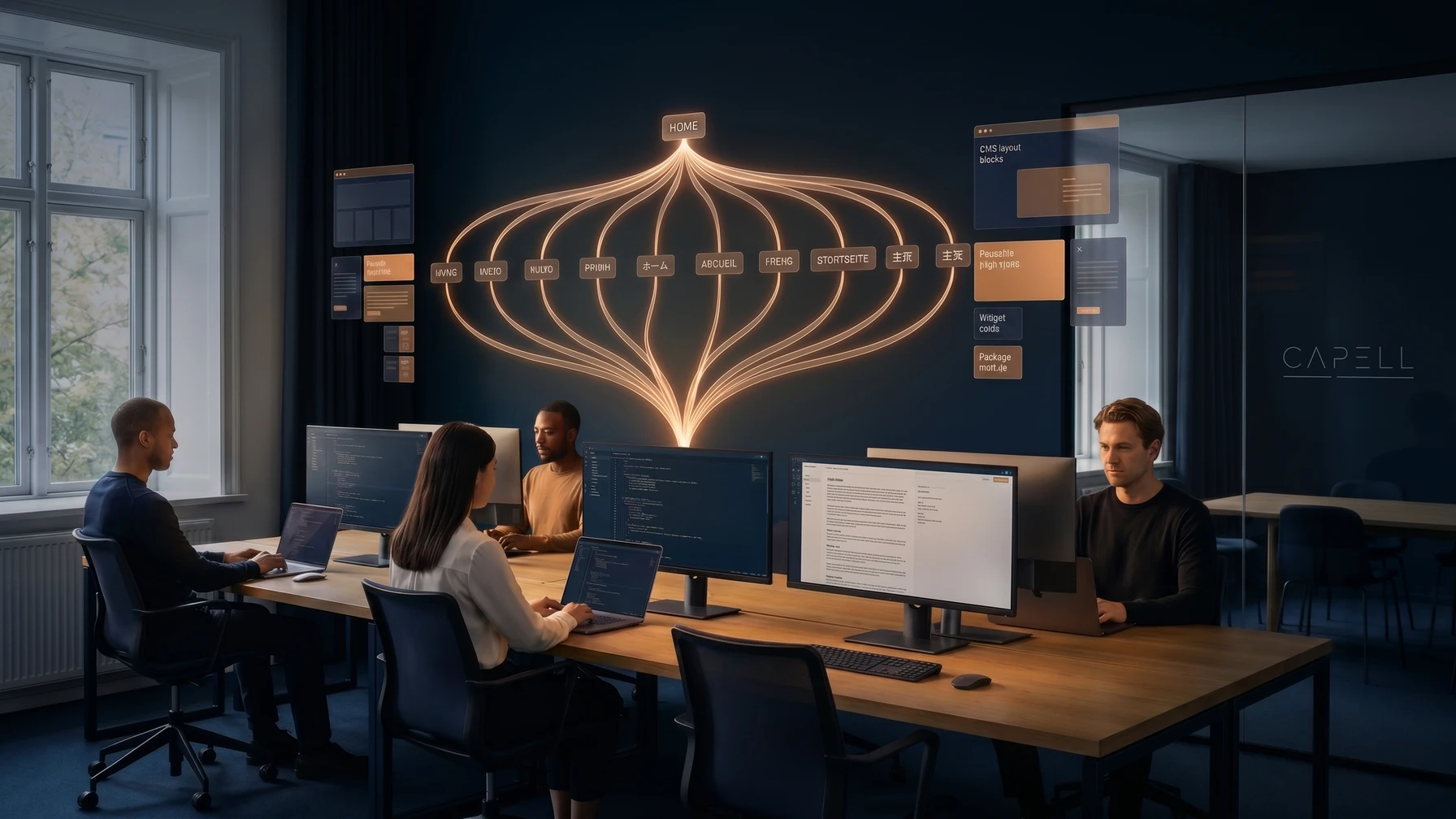 Hyperreal editorial illustration: A localisation team at a desk.