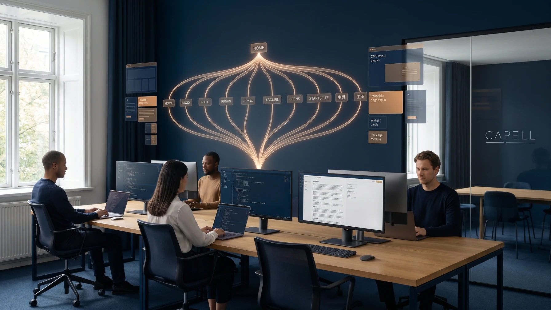 Hyperreal editorial illustration: A localisation team at a desk.