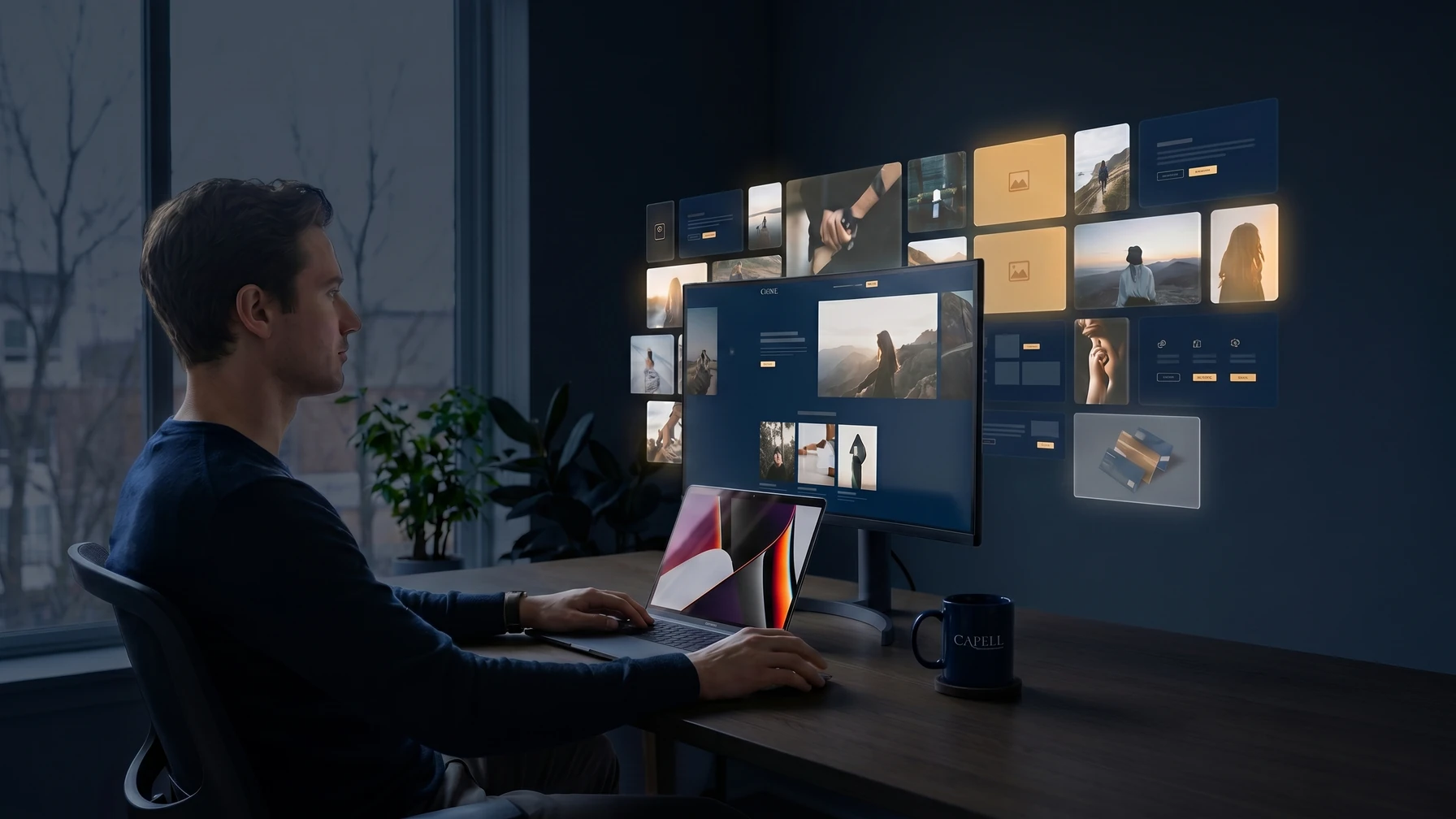 Hyperreal editorial illustration: A media manager tagging assets at a workstation.