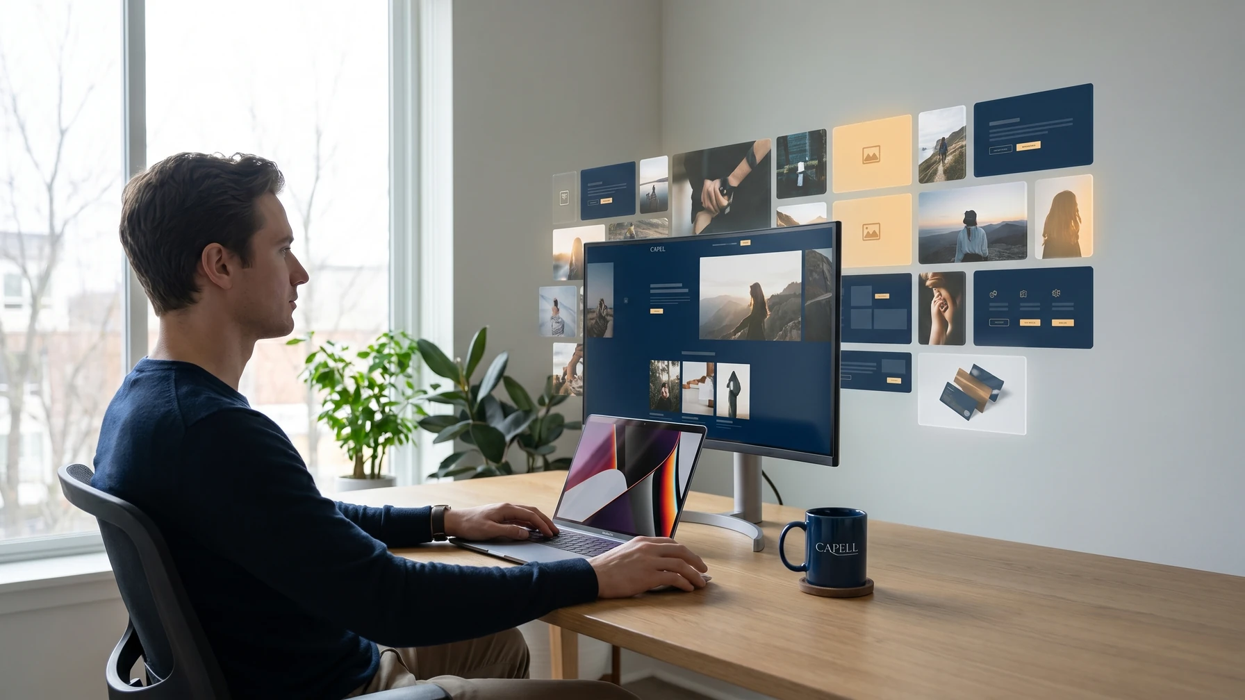 Hyperreal editorial illustration: A media manager tagging assets at a workstation.