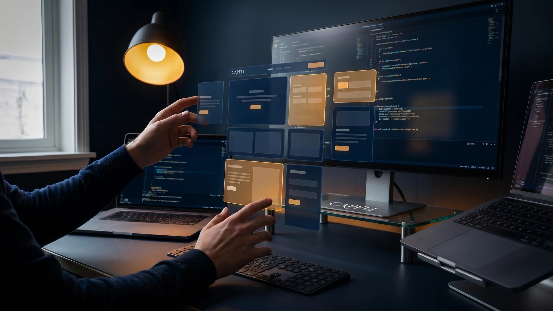 Hyperreal editorial illustration: Hands assembling a landing page at a desk.