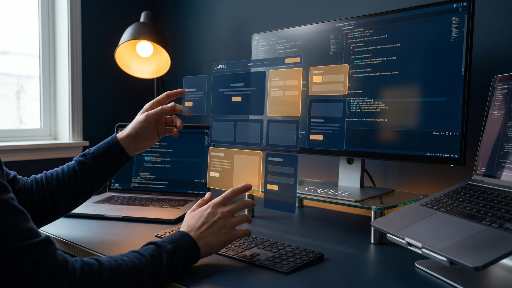 Hyperreal editorial illustration: Hands assembling a landing page at a desk.