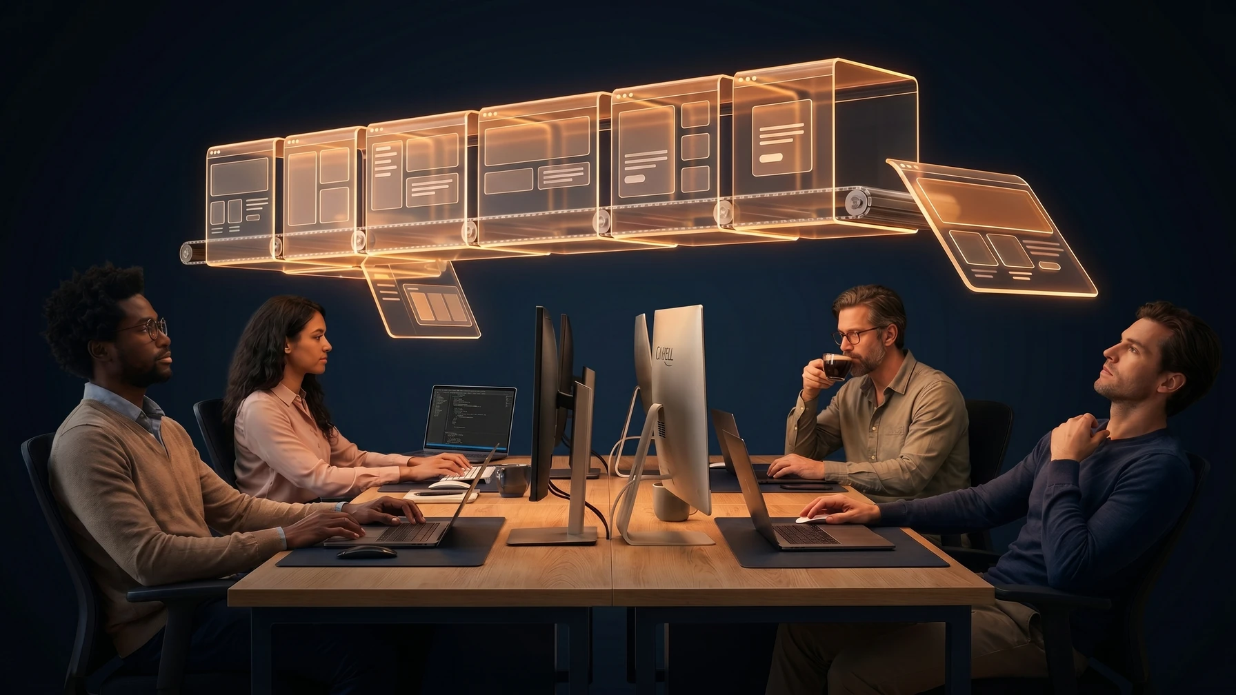 Hyperreal editorial illustration: A team shipping a release.