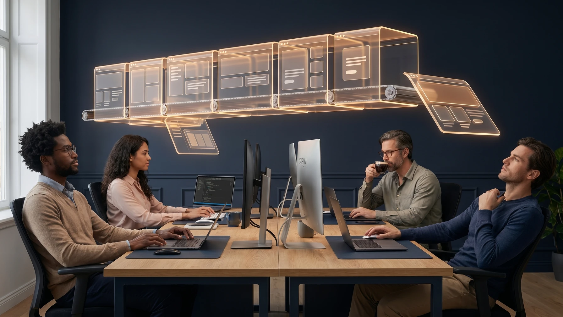Hyperreal editorial illustration: A team shipping a release.