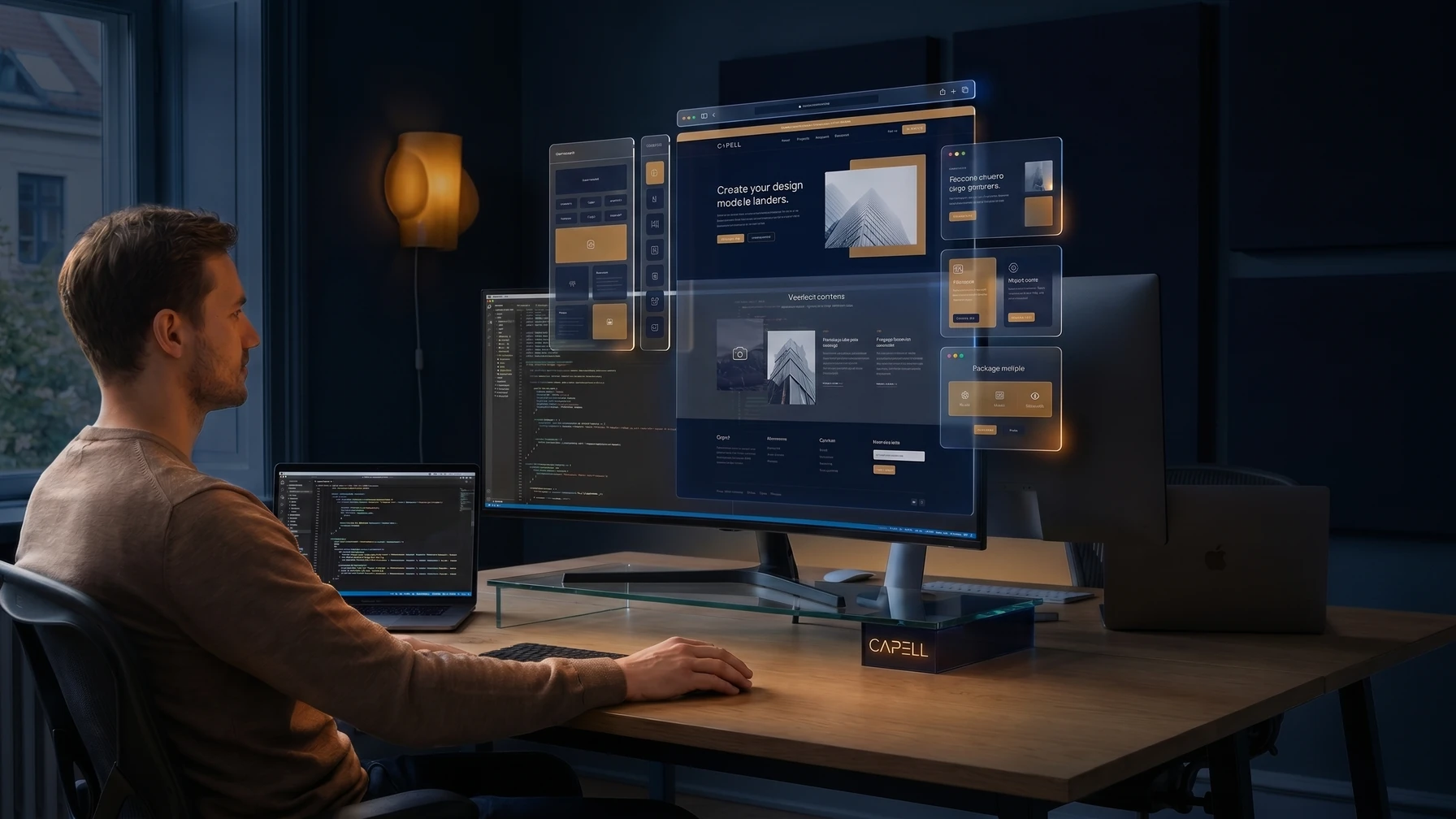 Hyperreal editorial illustration: A frontend developer owning templates.