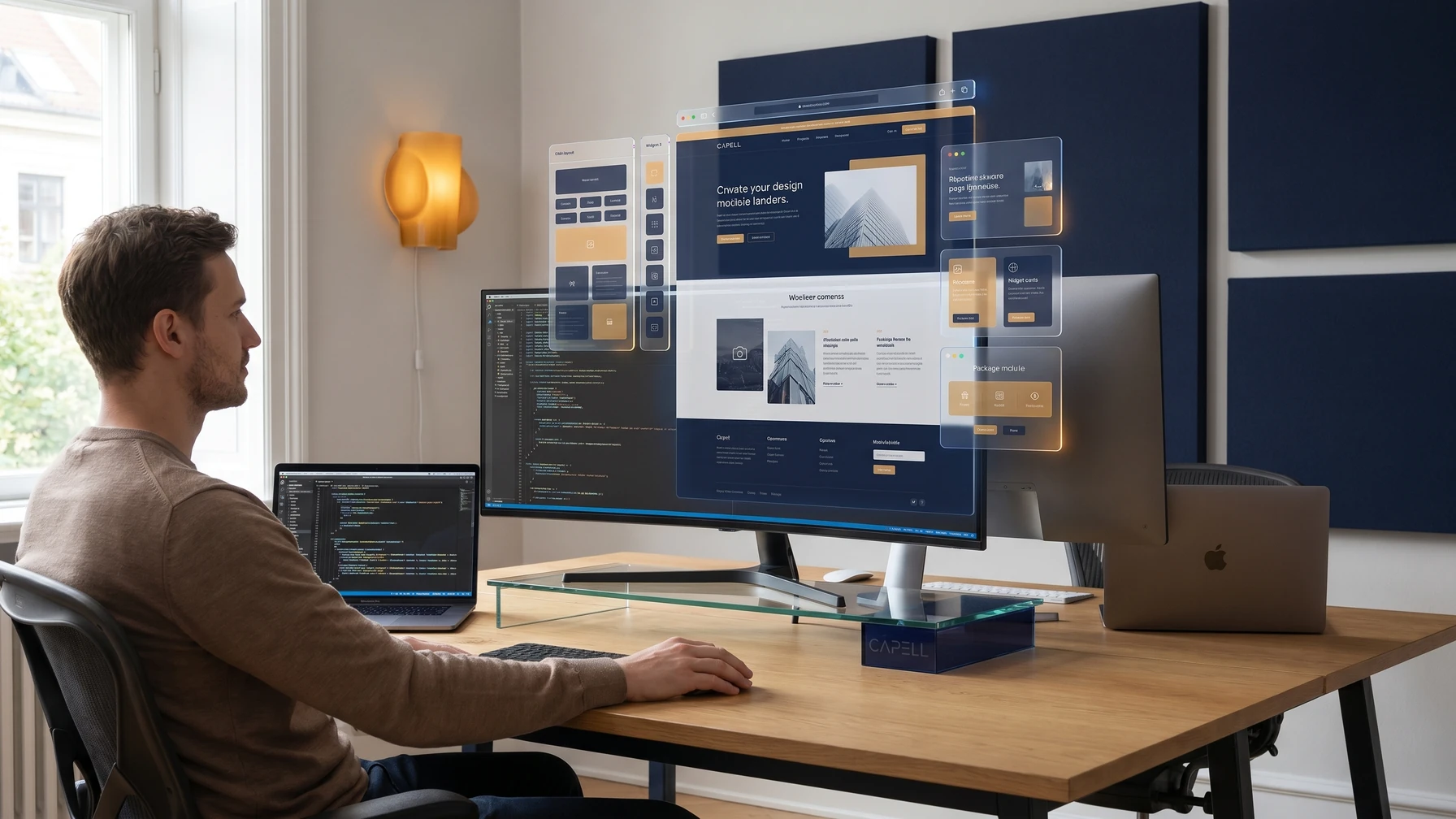 Hyperreal editorial illustration: A frontend developer owning templates.