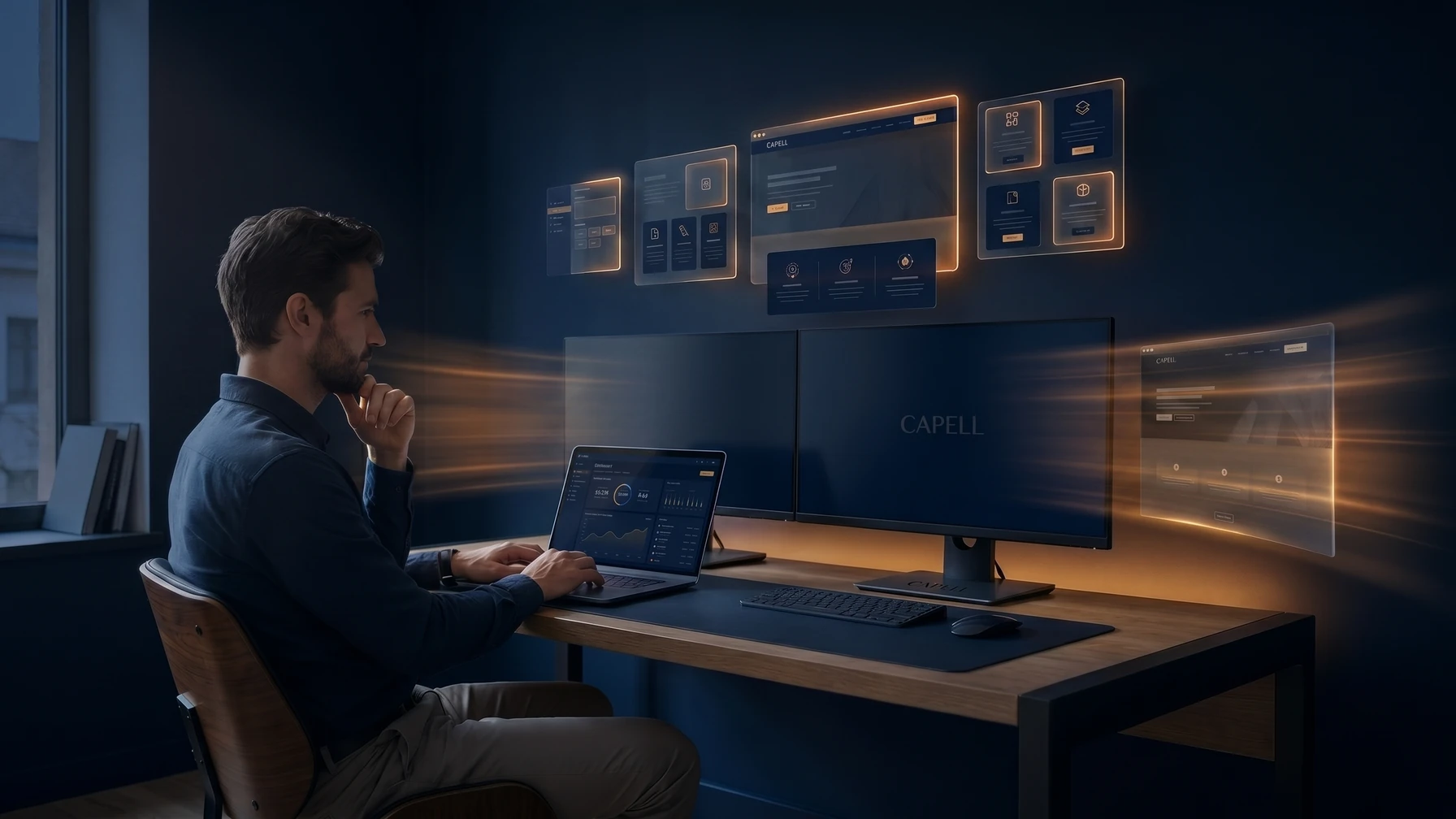 Hyperreal editorial illustration: An engineer watching fast clean metrics.