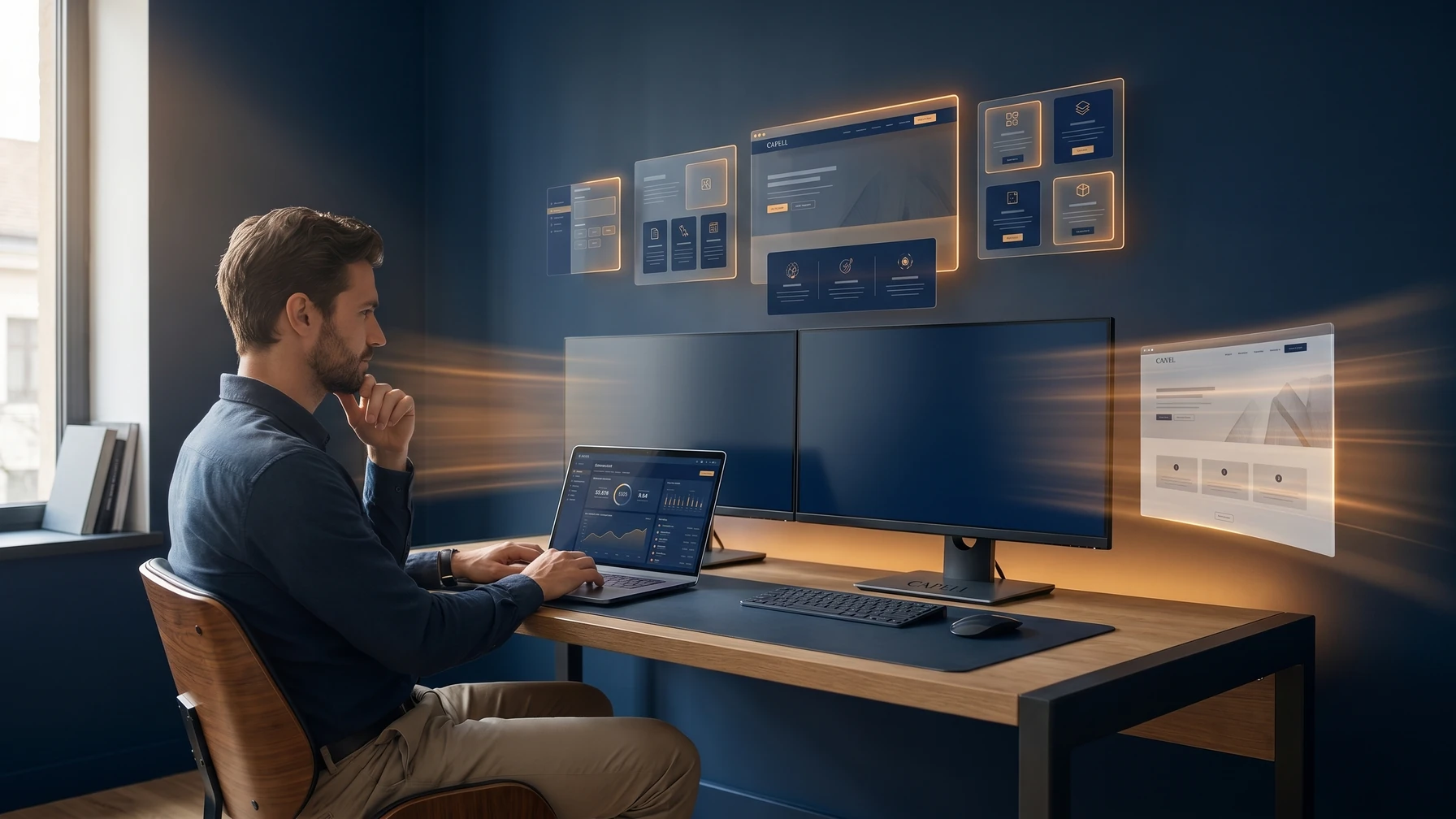 Hyperreal editorial illustration: An engineer watching fast clean metrics.