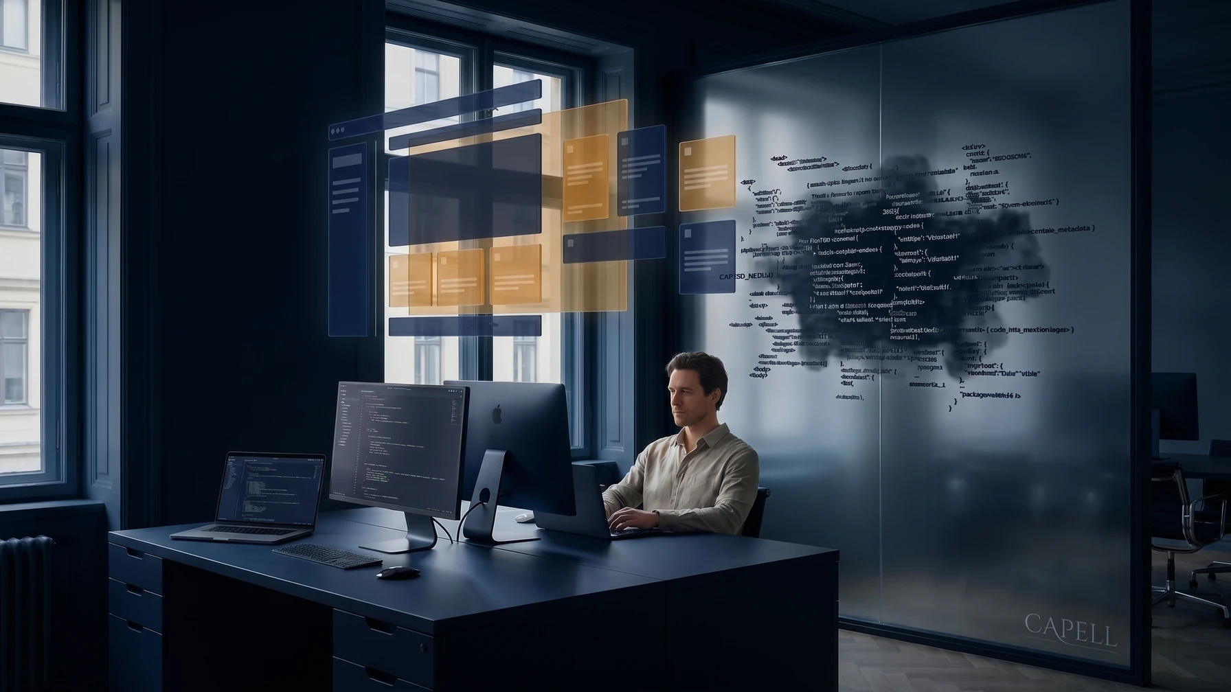 Hyperreal editorial illustration: A reviewer at a desk.