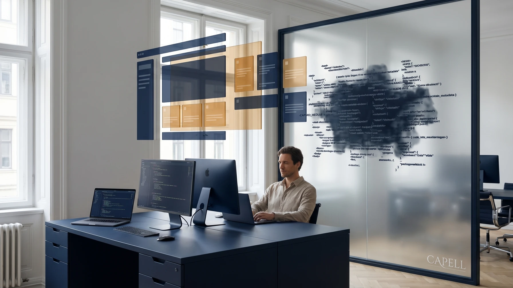 Hyperreal editorial illustration: A reviewer at a desk.