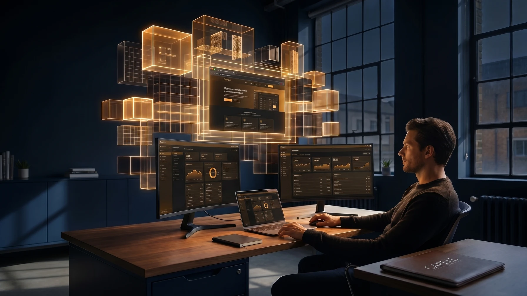 Hyperreal editorial illustration: An analyst with clean dashboards.
