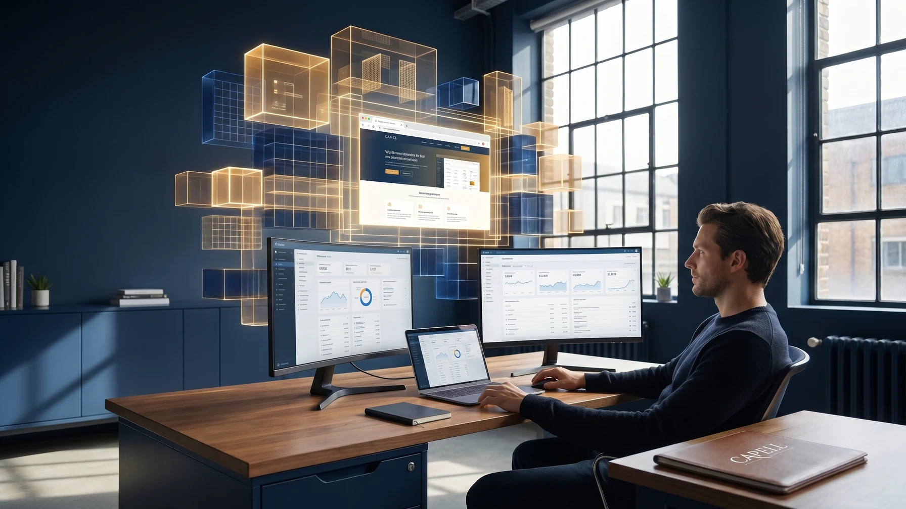 Hyperreal editorial illustration: An analyst with clean dashboards.