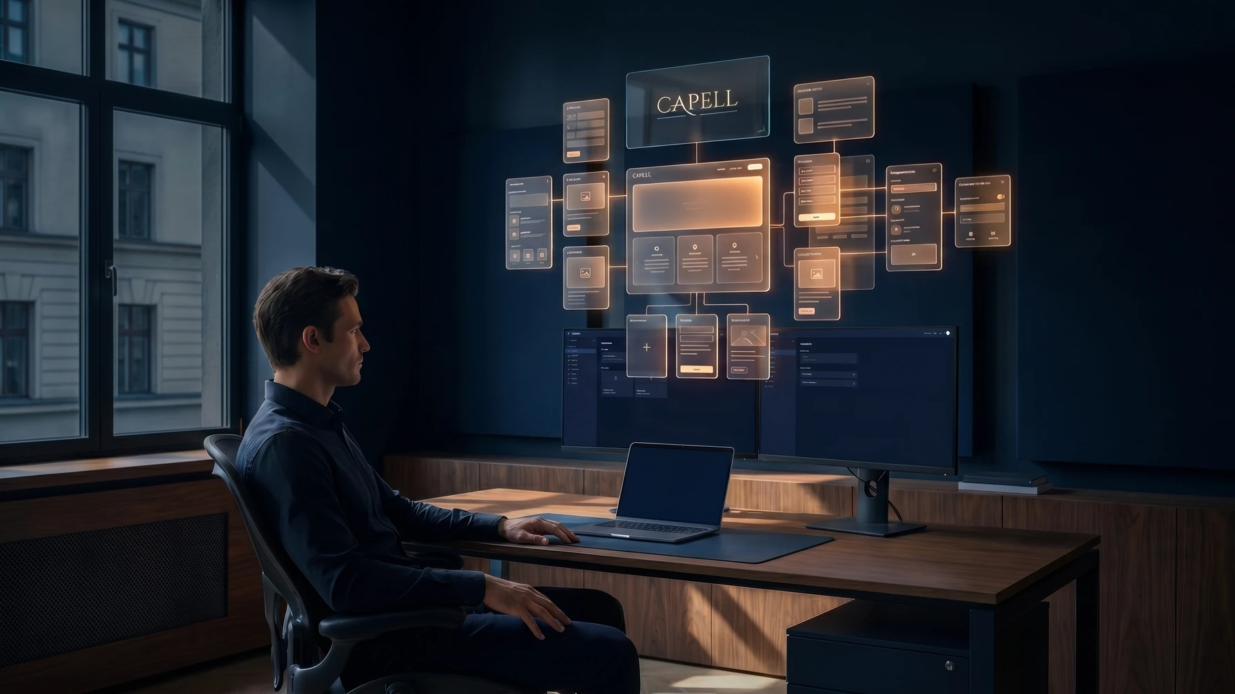 Hyperreal editorial illustration: A person with an AI assist panel that behaves like a calm command center.
