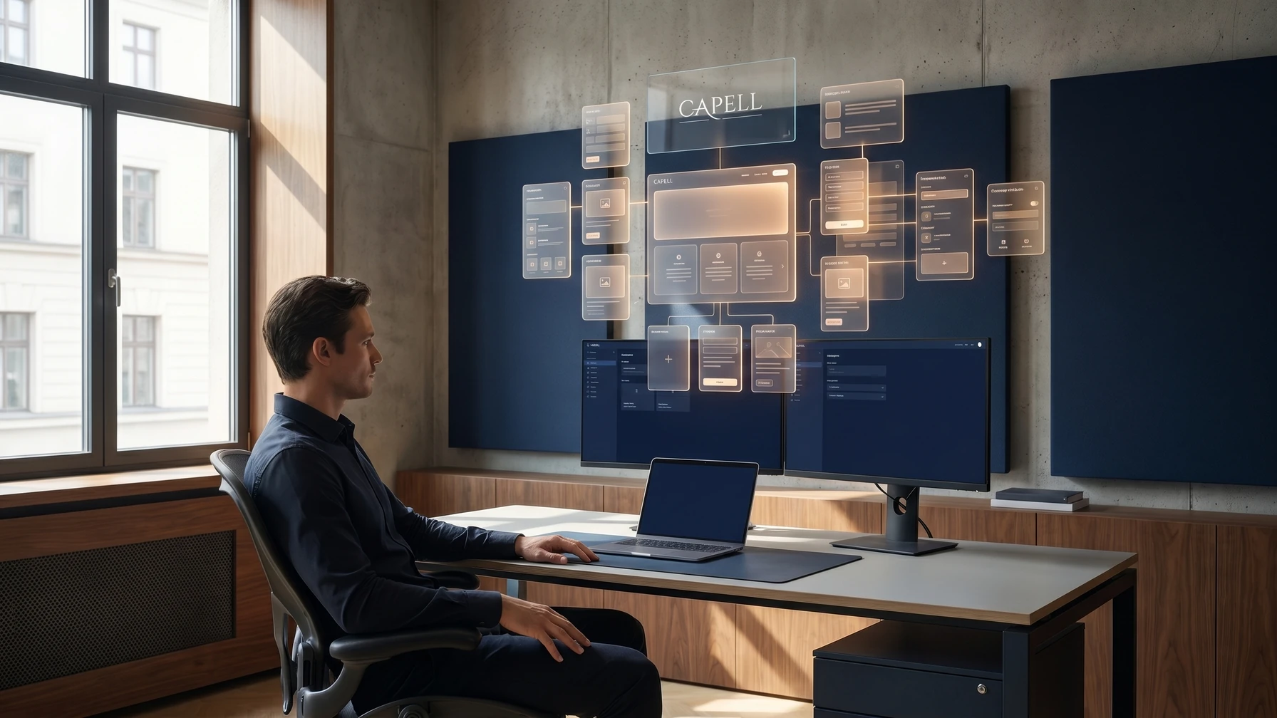Hyperreal editorial illustration: A person with an AI assist panel that behaves like a calm command center.