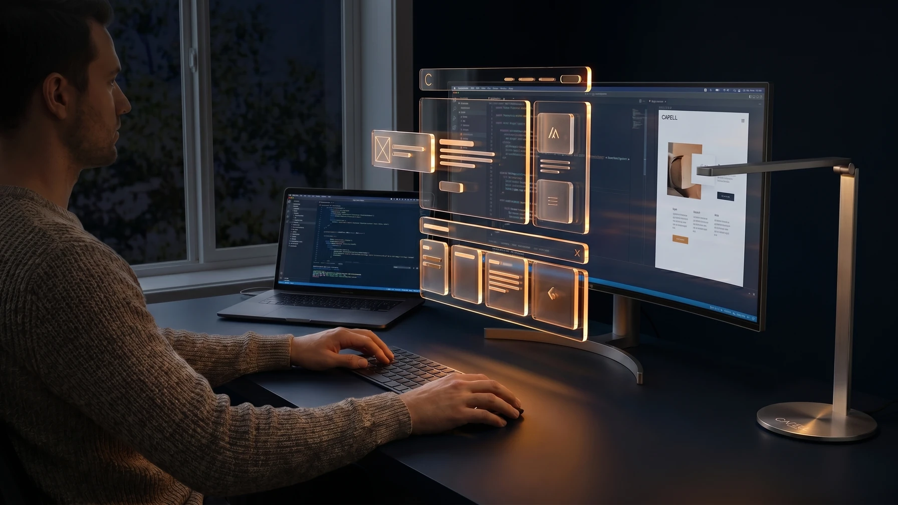 Hyperreal editorial illustration: A developer at a tidy terminal.