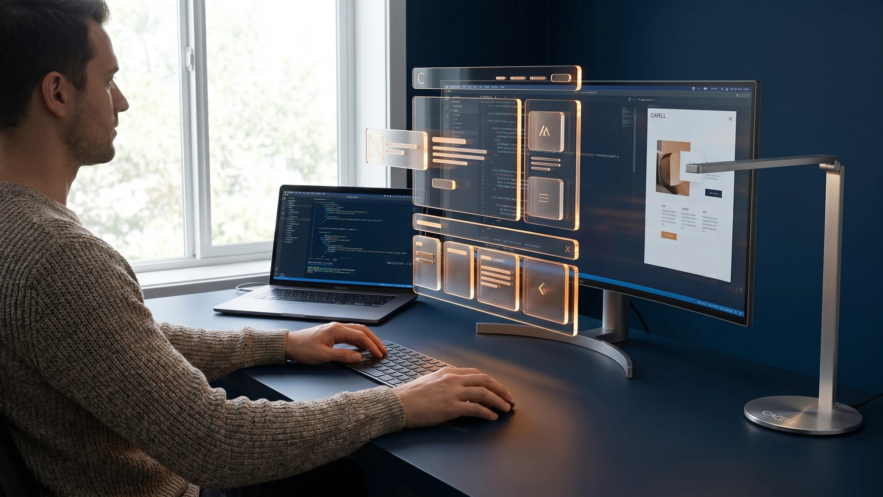 Hyperreal editorial illustration: A developer at a tidy terminal.