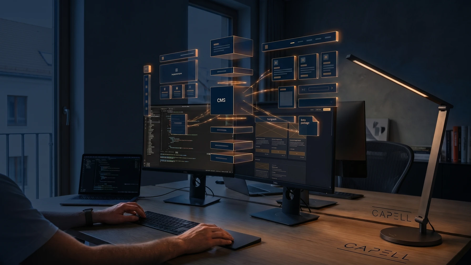 Hyperreal editorial illustration: A developer at a desk.