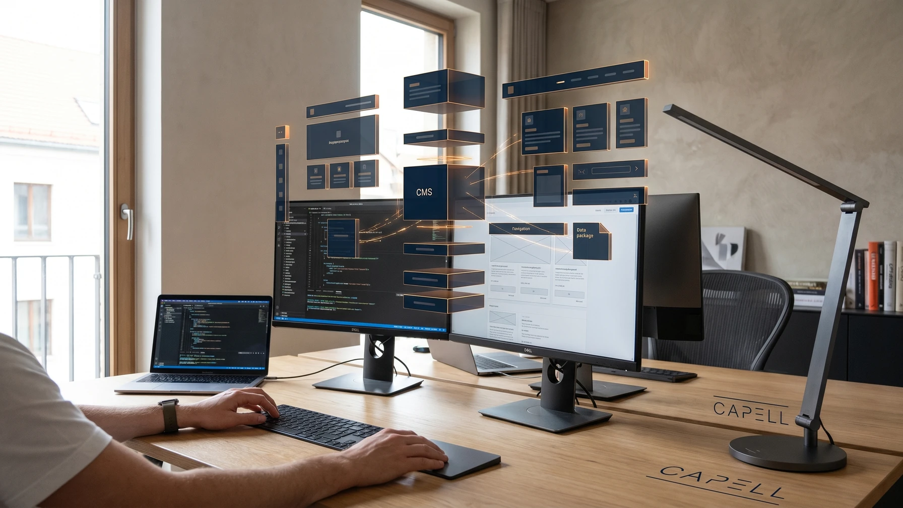Hyperreal editorial illustration: A developer at a desk.