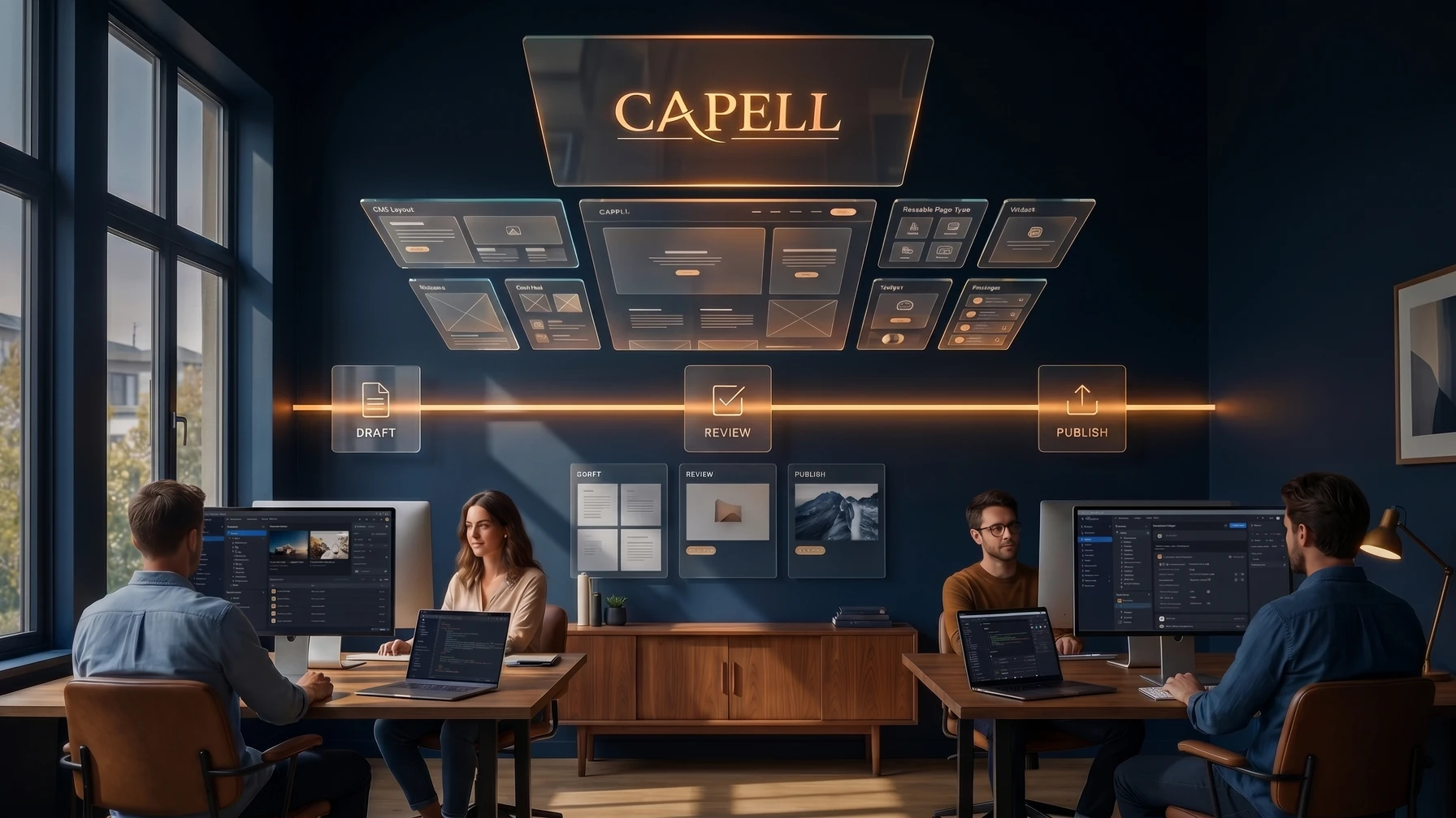 Hyperreal editorial illustration: Editors at a review wall.