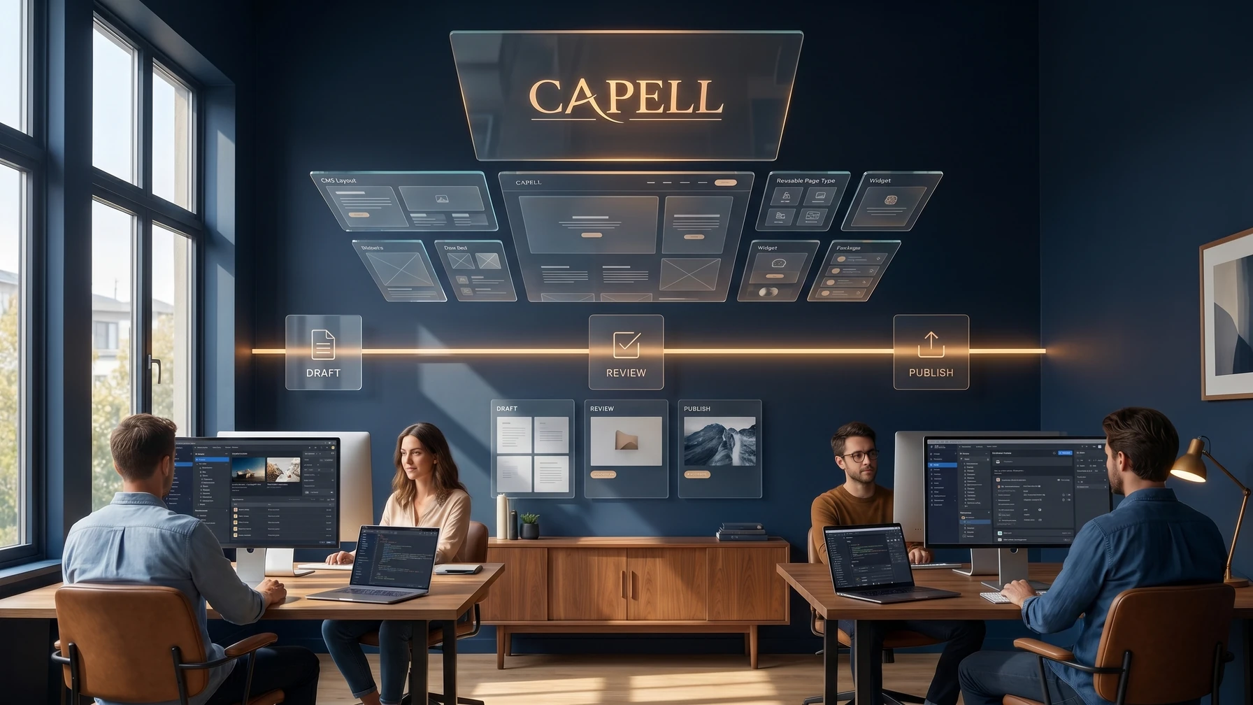 Hyperreal editorial illustration: Editors at a review wall.