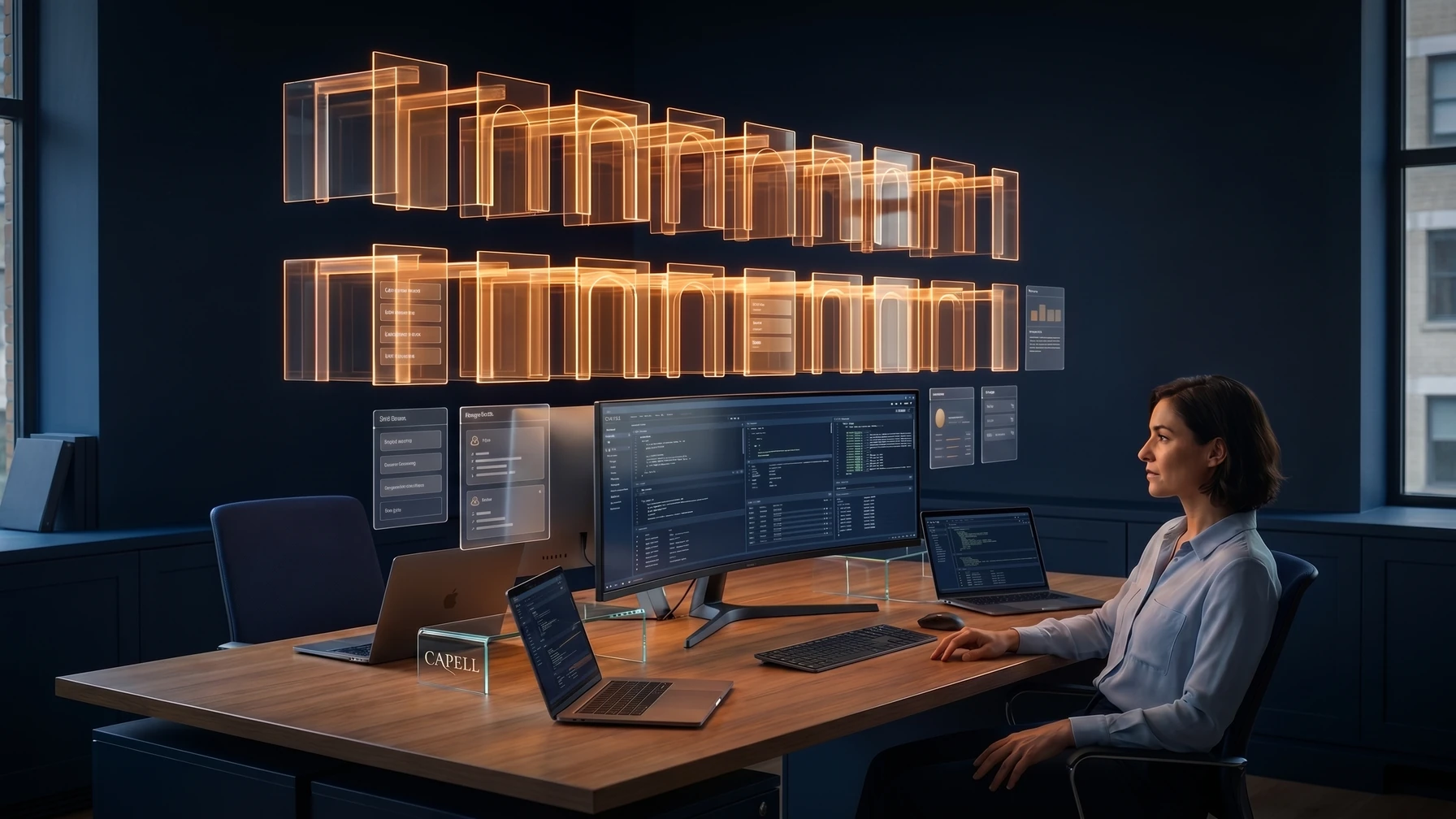 Hyperreal editorial illustration: A governance lead at a desk.