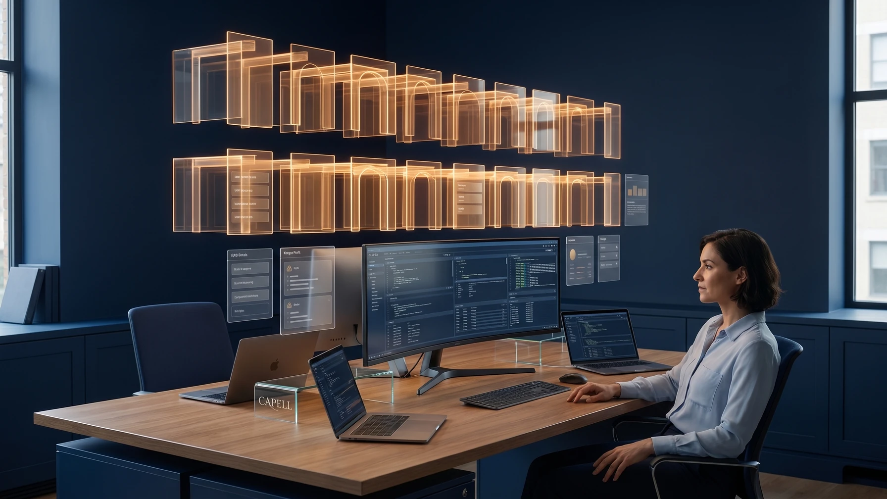 Hyperreal editorial illustration: A governance lead at a desk.