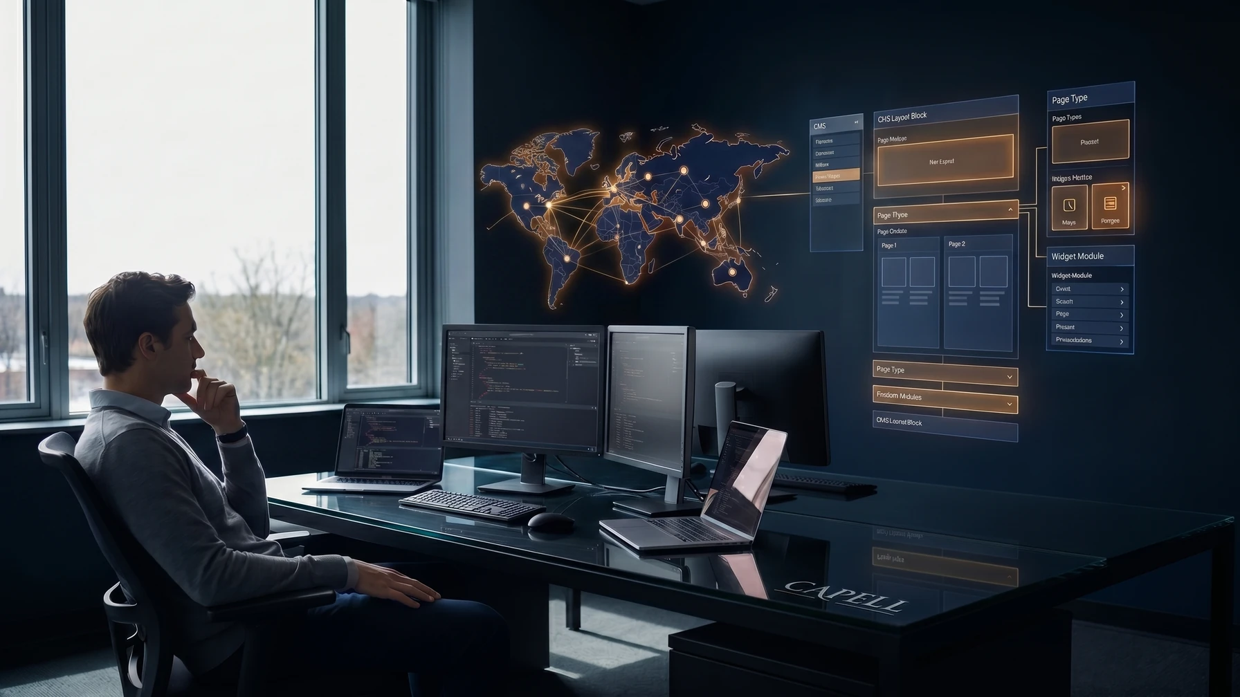 Hyperreal editorial illustration: An operator at a calm operations console.