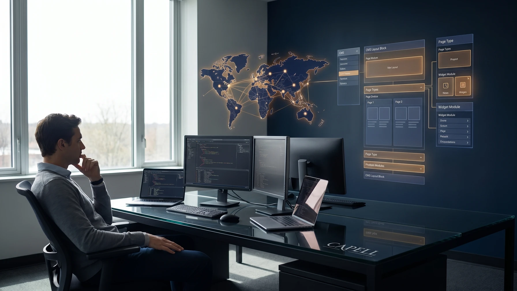 Hyperreal editorial illustration: An operator at a calm operations console.
