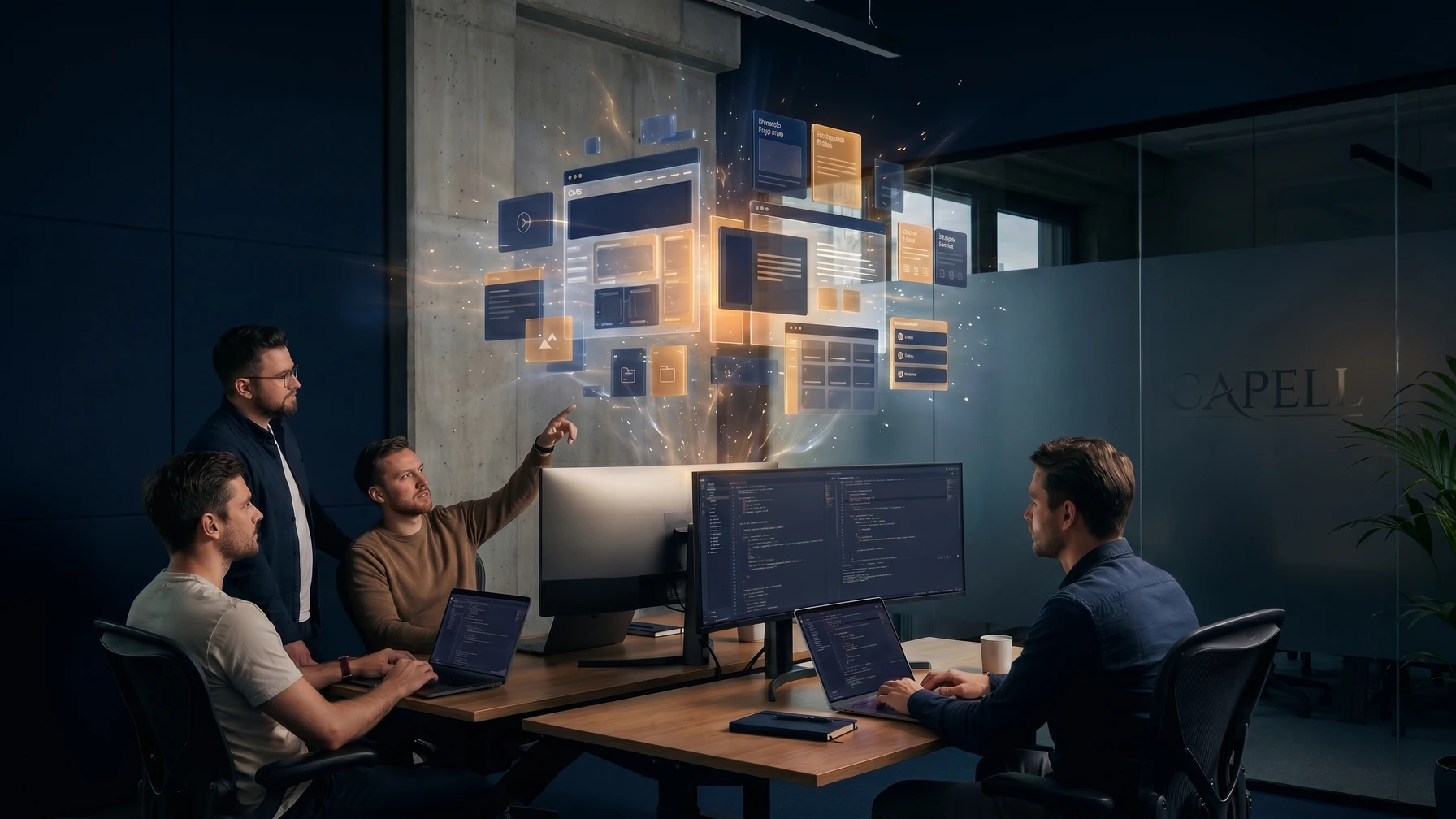 Hyperreal editorial illustration: A team comparing architectures.
