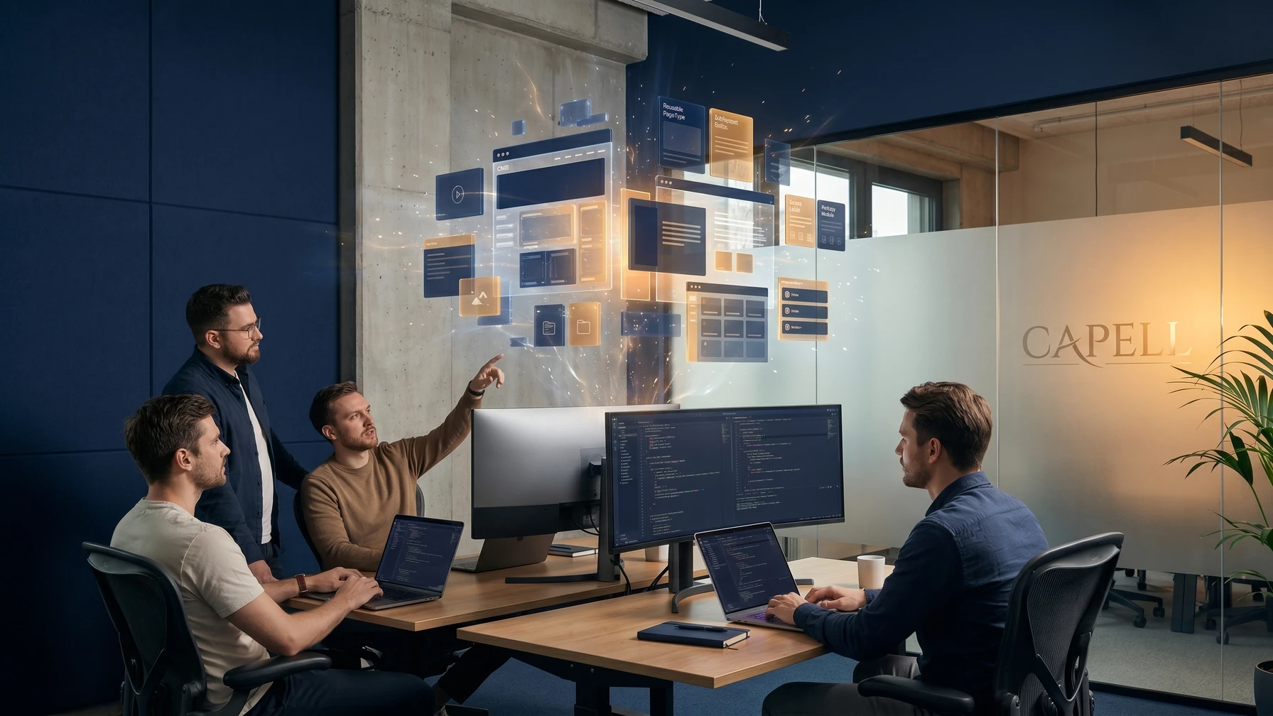 Hyperreal editorial illustration: A team comparing architectures.