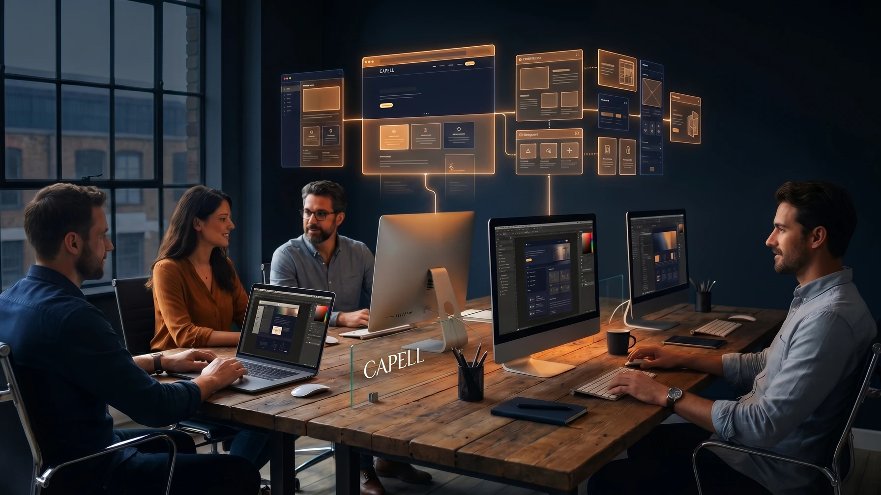 Hyperreal editorial illustration: An agency team at a long desk.