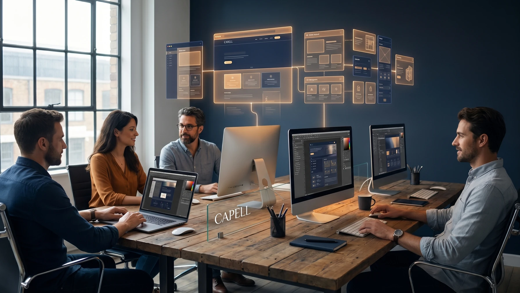 Hyperreal editorial illustration: An agency team at a long desk.
