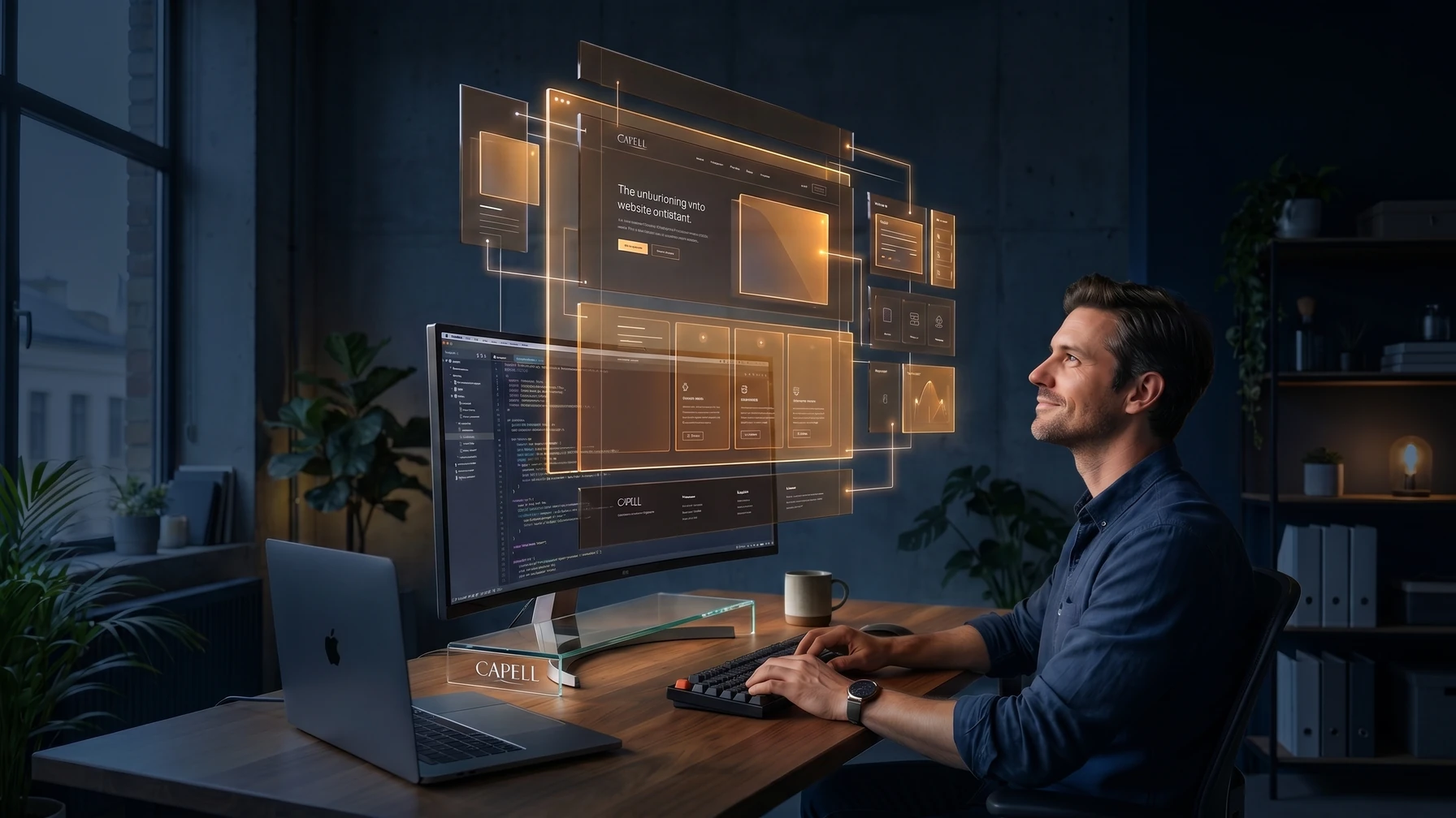 Hyperreal editorial illustration: A developer at a desk.
