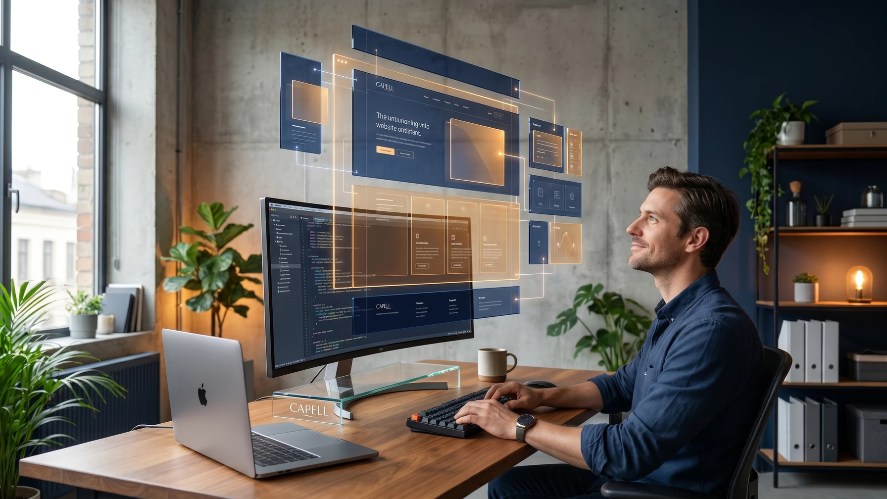 Hyperreal editorial illustration: A developer at a desk.