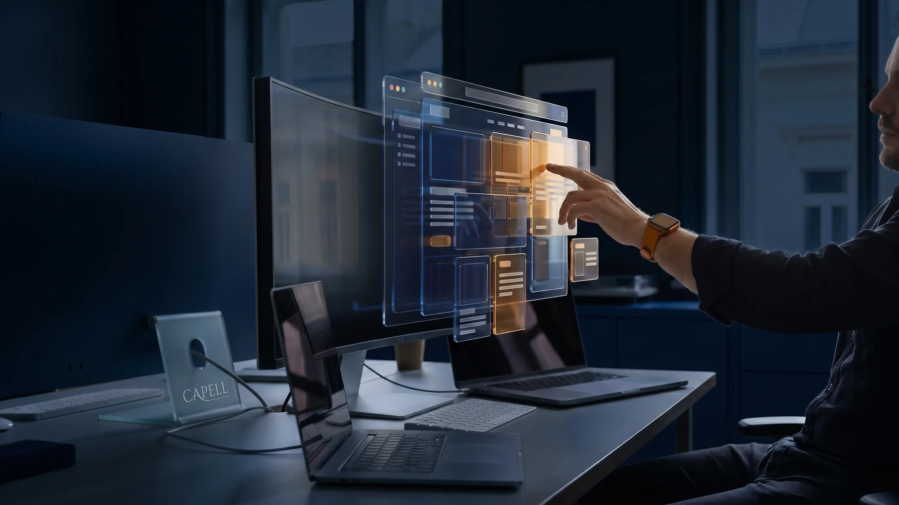 Hyperreal editorial illustration: An editor touching a screen.