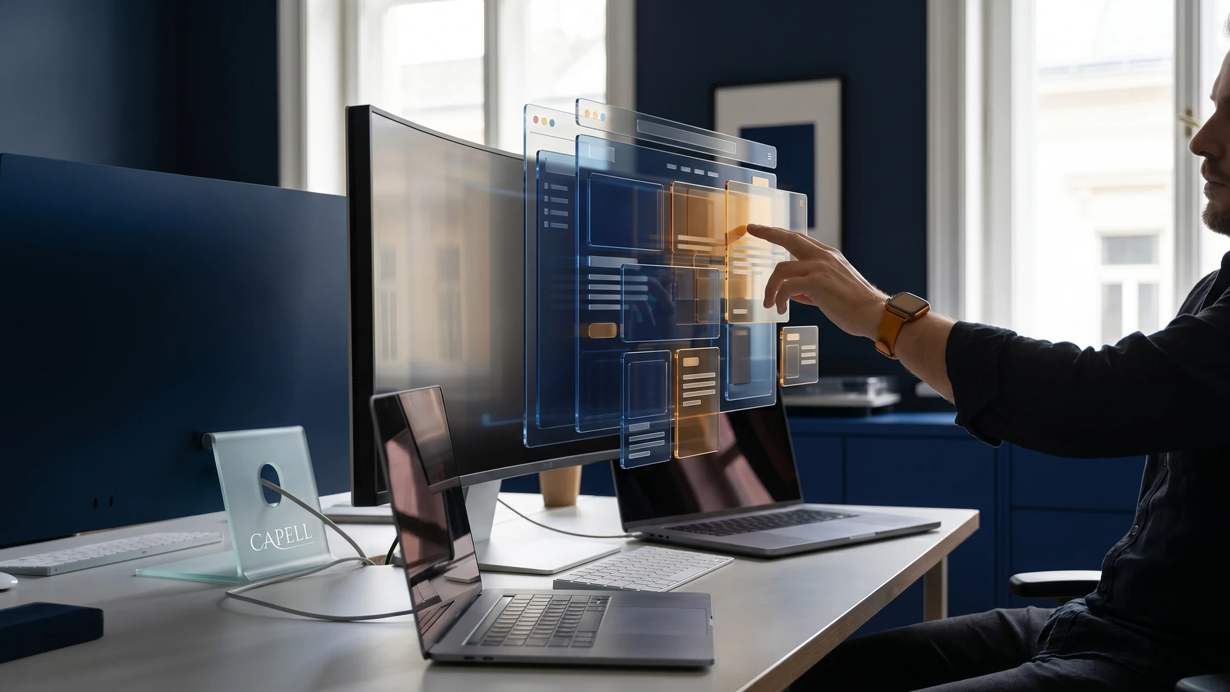 Hyperreal editorial illustration: An editor touching a screen.